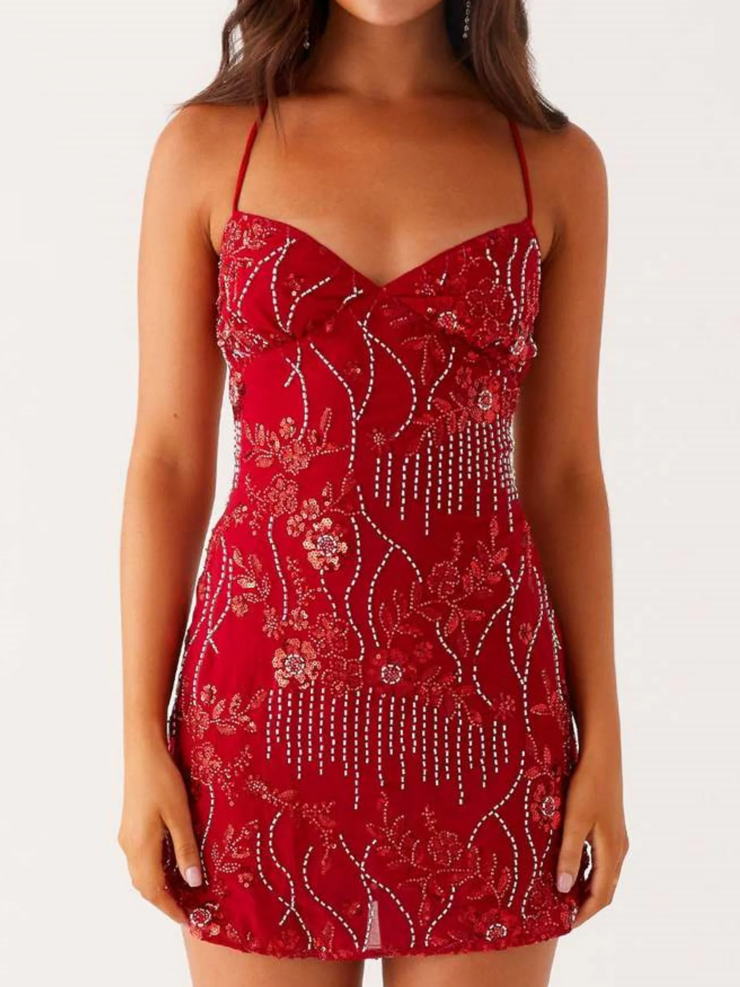 Sequin Beads Spaghetti Strap Backless Tie Sweet Mini&Short Dresses - Image 7