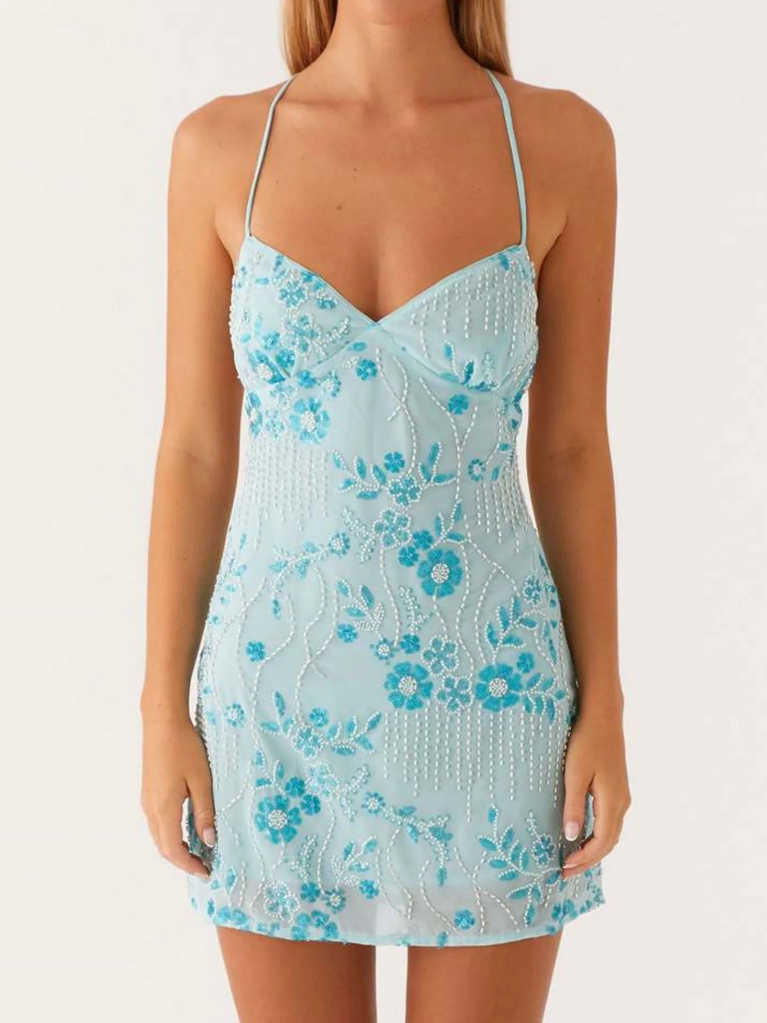 Sequin Beads Spaghetti Strap Backless Tie Sweet Mini&Short Dresses - Image 9