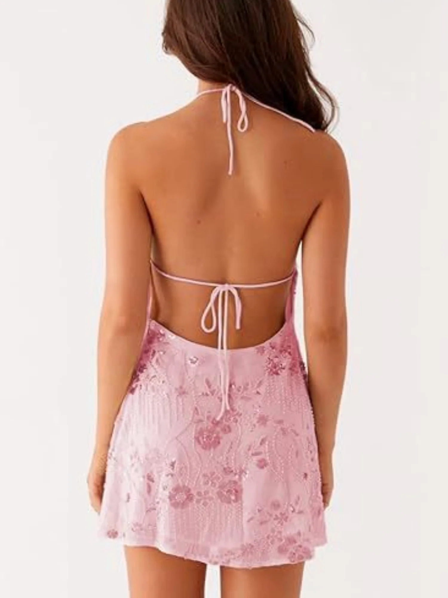 Sequin Beads Halter Neck And Backless Sweet Mini&Short Dresses - Image 6