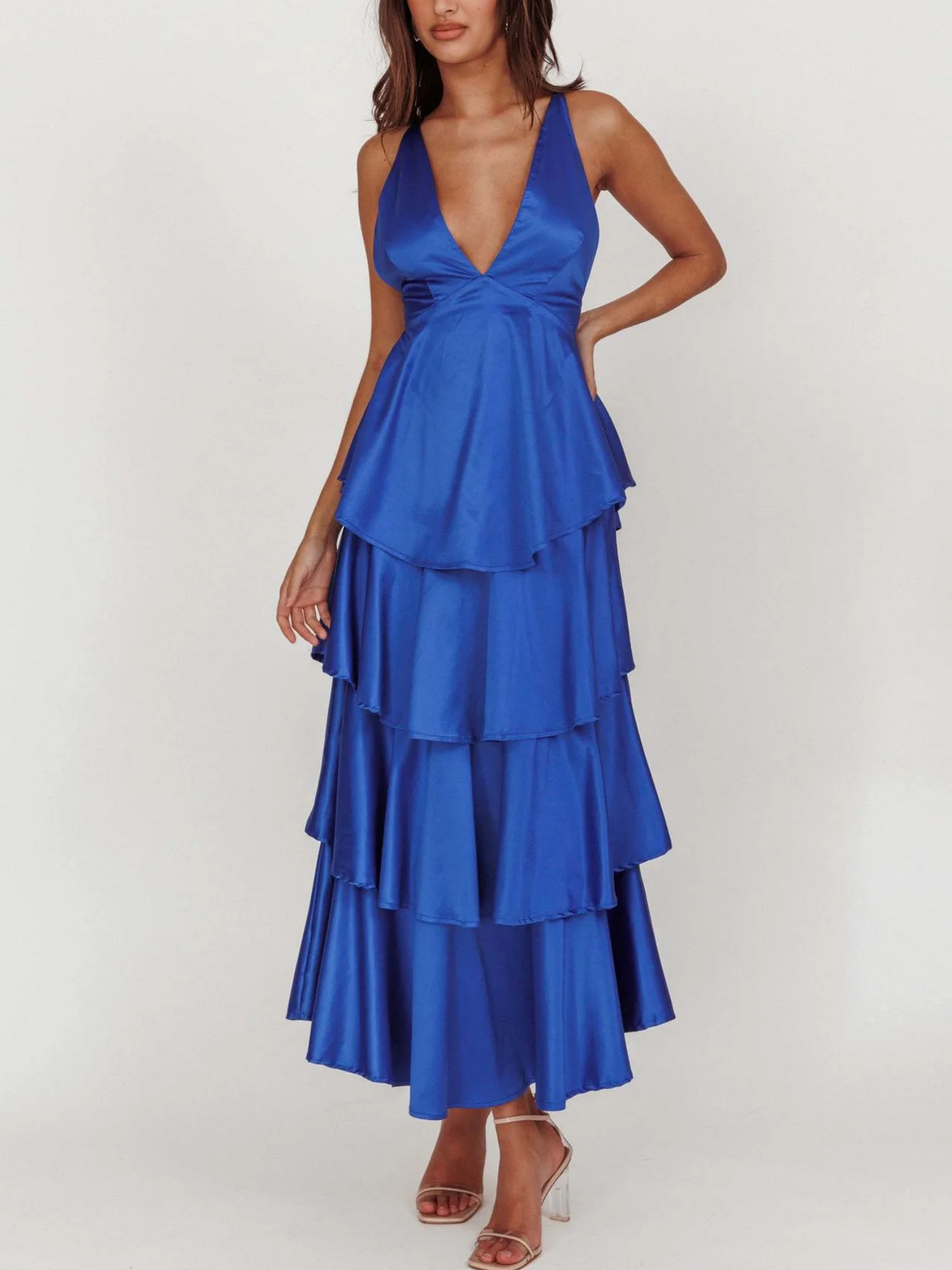 Ruffled Splicing Satin V-neck Tank Top Maxi Dresses - Image 11