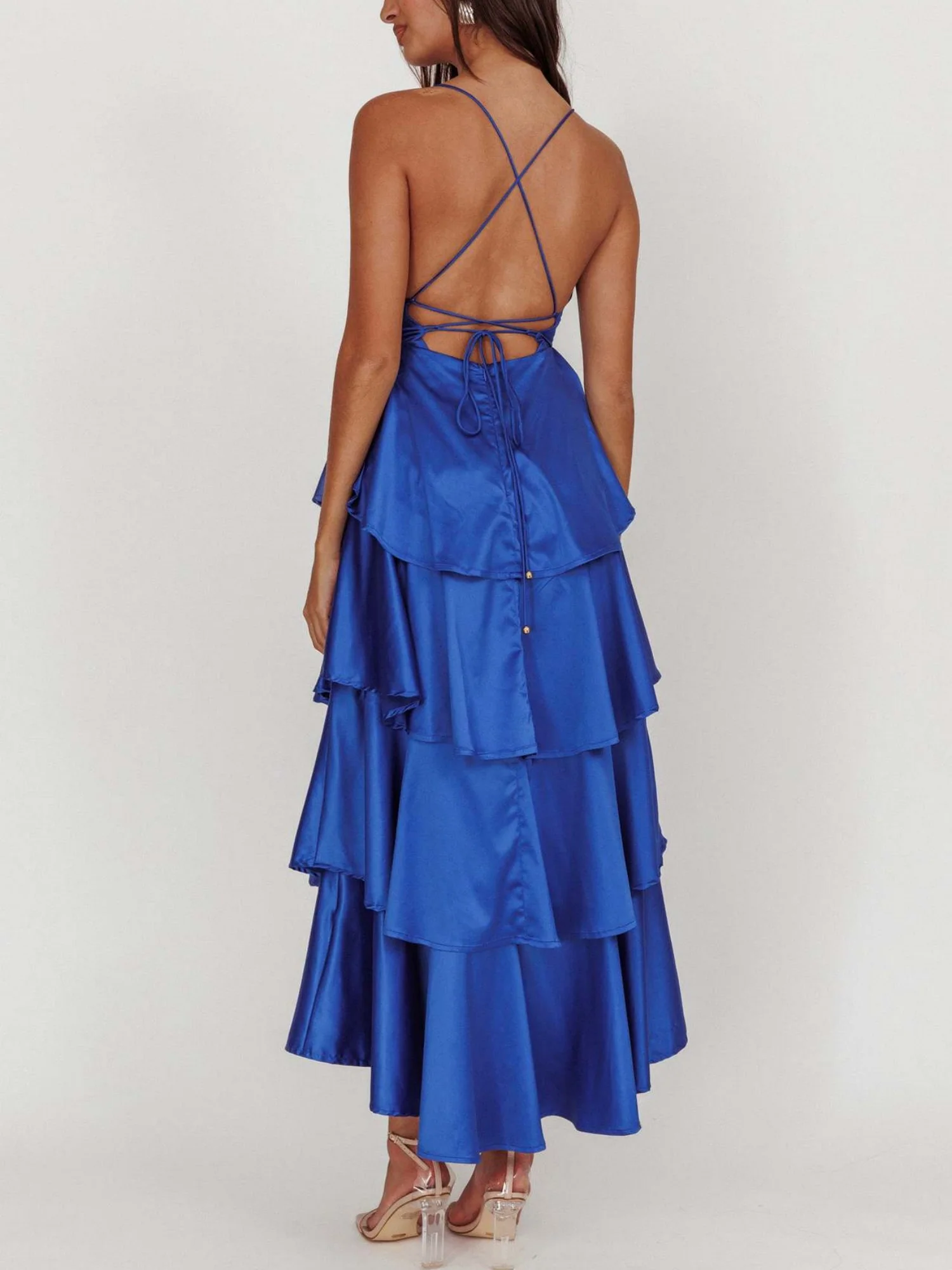 Ruffled Splicing Satin V-neck Tank Top Maxi Dresses - Image 12
