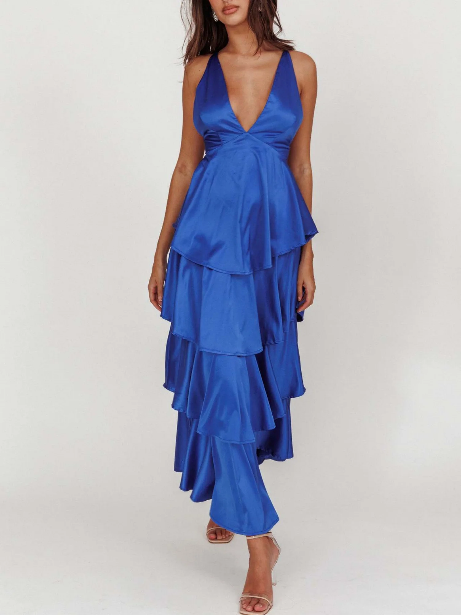 Ruffled Splicing Satin V-neck Tank Top Maxi Dresses - Image 13