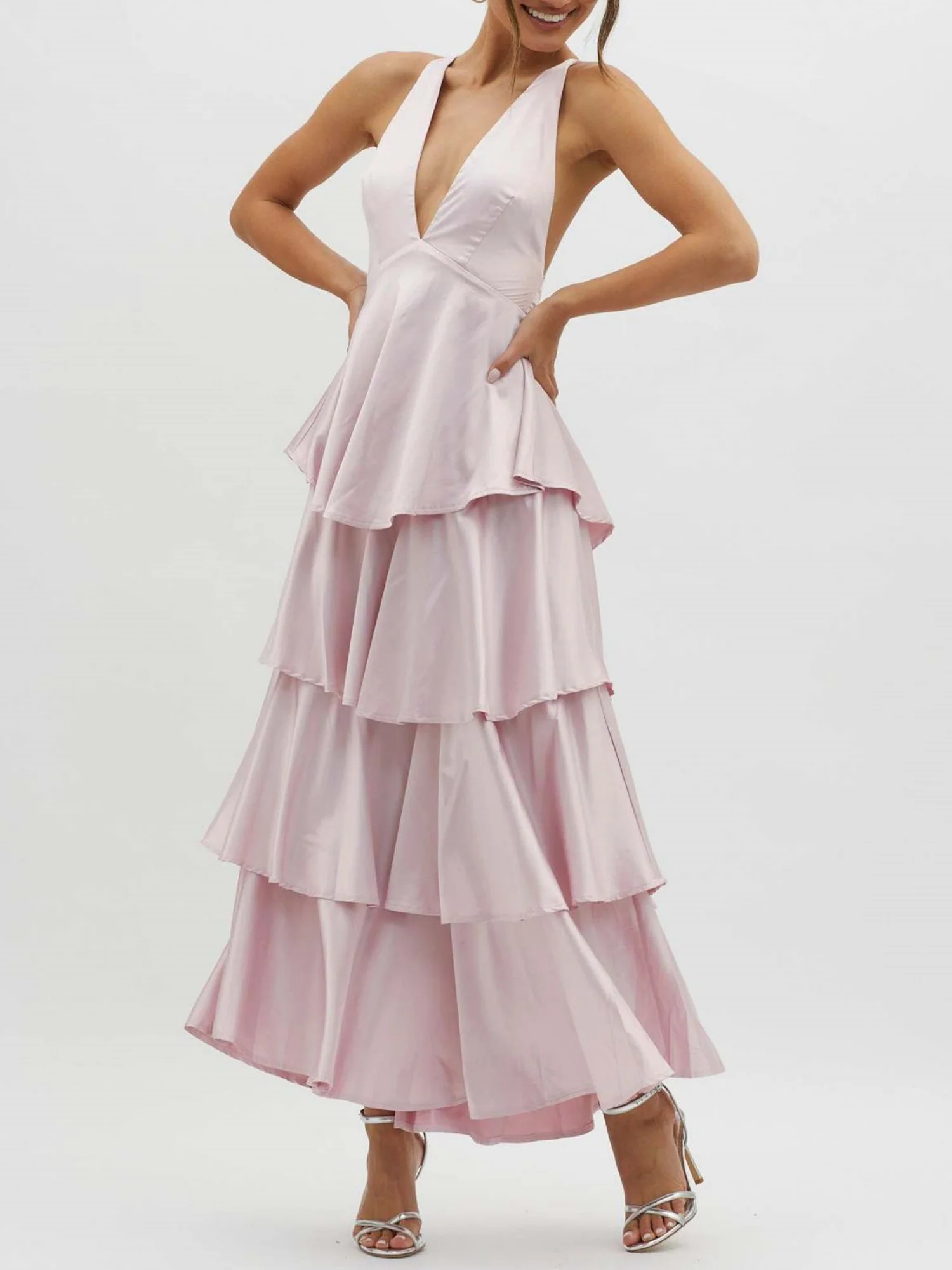 Ruffled Splicing Satin V-neck Tank Top Maxi Dresses - Image 14