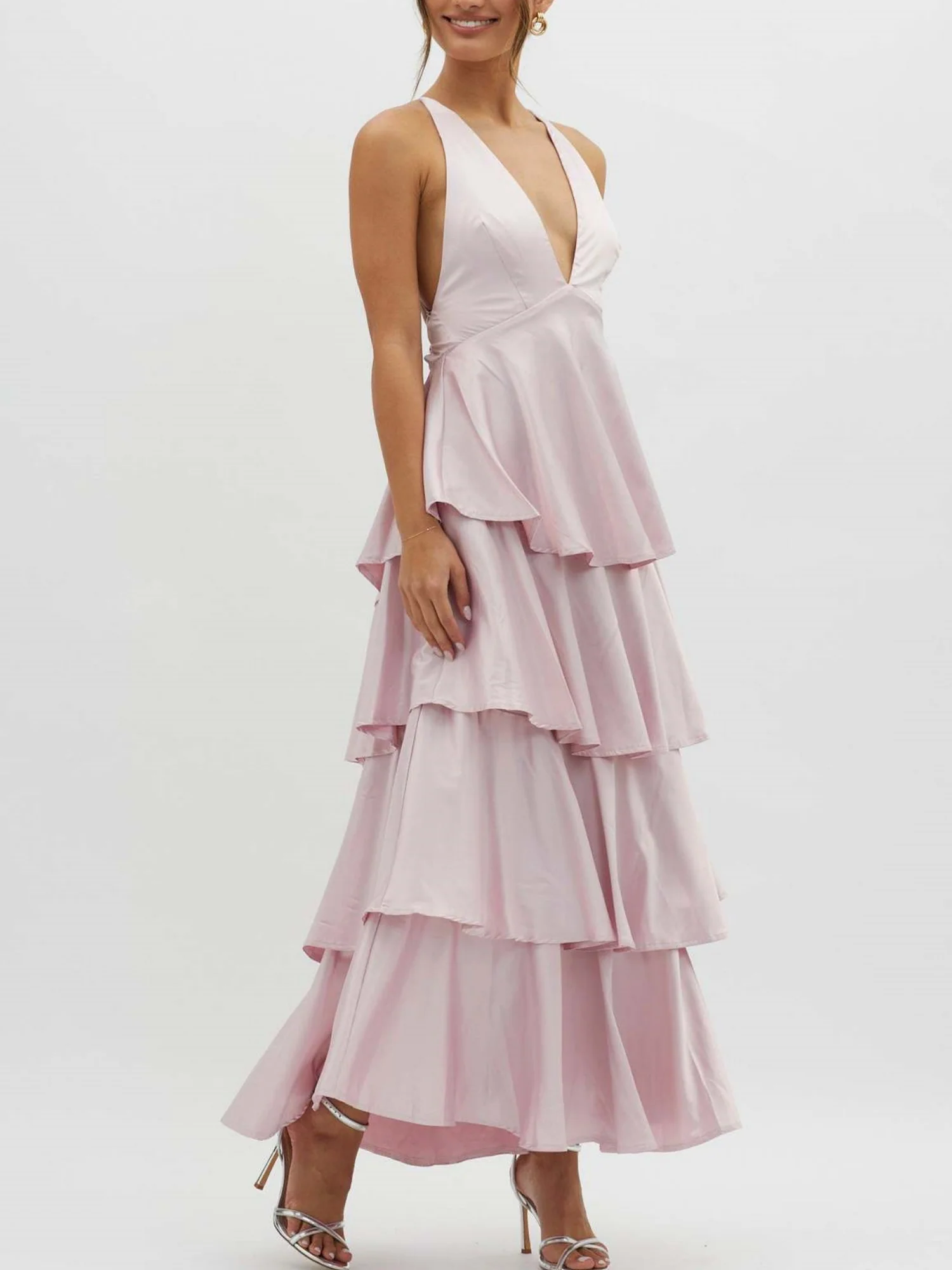 Ruffled Splicing Satin V-neck Tank Top Maxi Dresses - Image 15