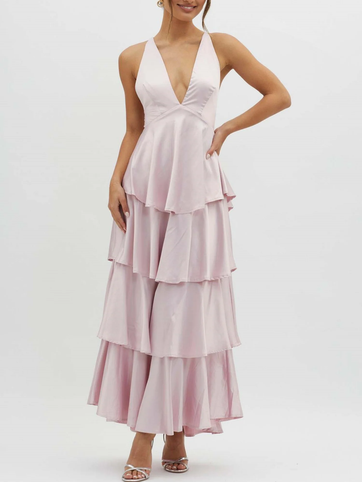 Ruffled Splicing Satin V-neck Tank Top Maxi Dresses - Image 16