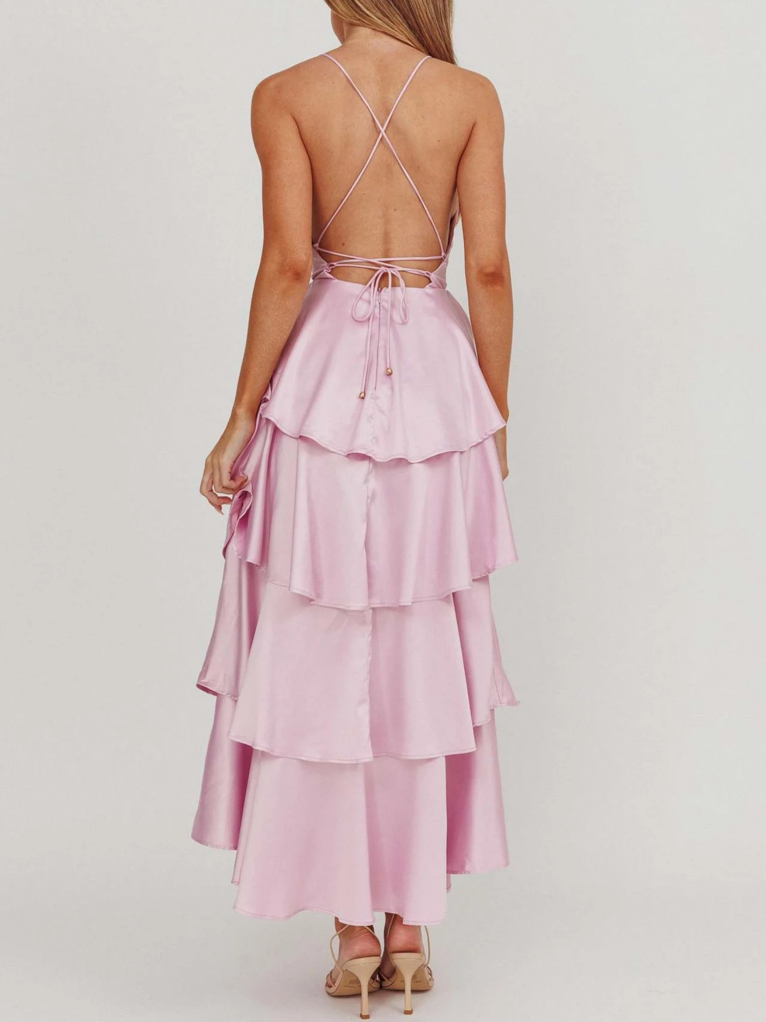 Ruffled Splicing Satin V-neck Tank Top Maxi Dresses - Image 2