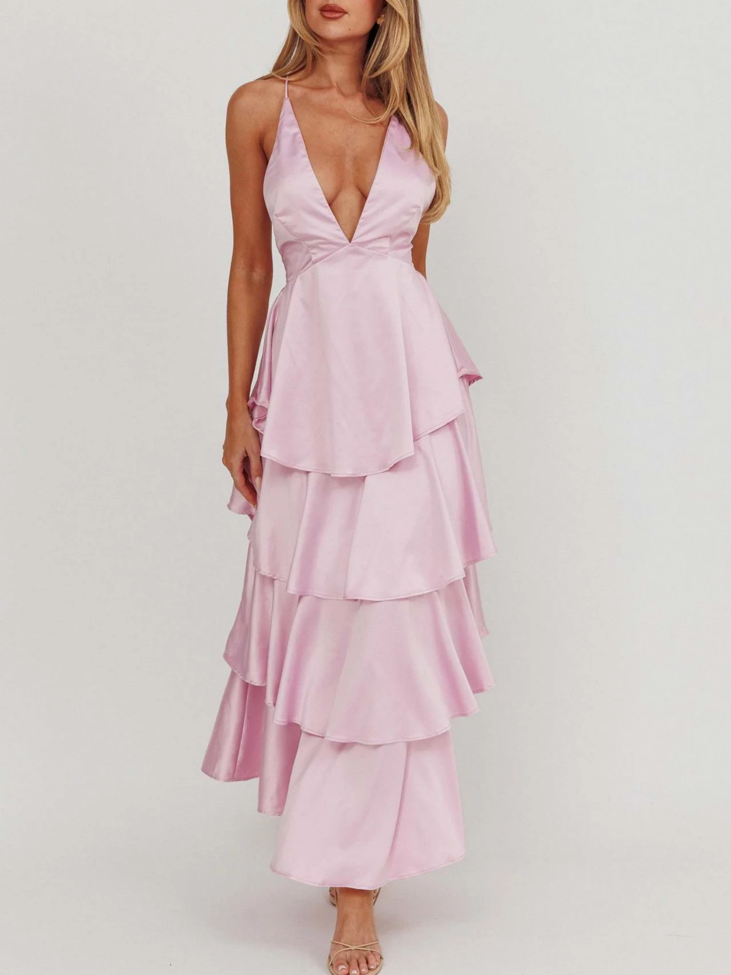 Ruffled Splicing Satin V-neck Tank Top Maxi Dresses - Image 4