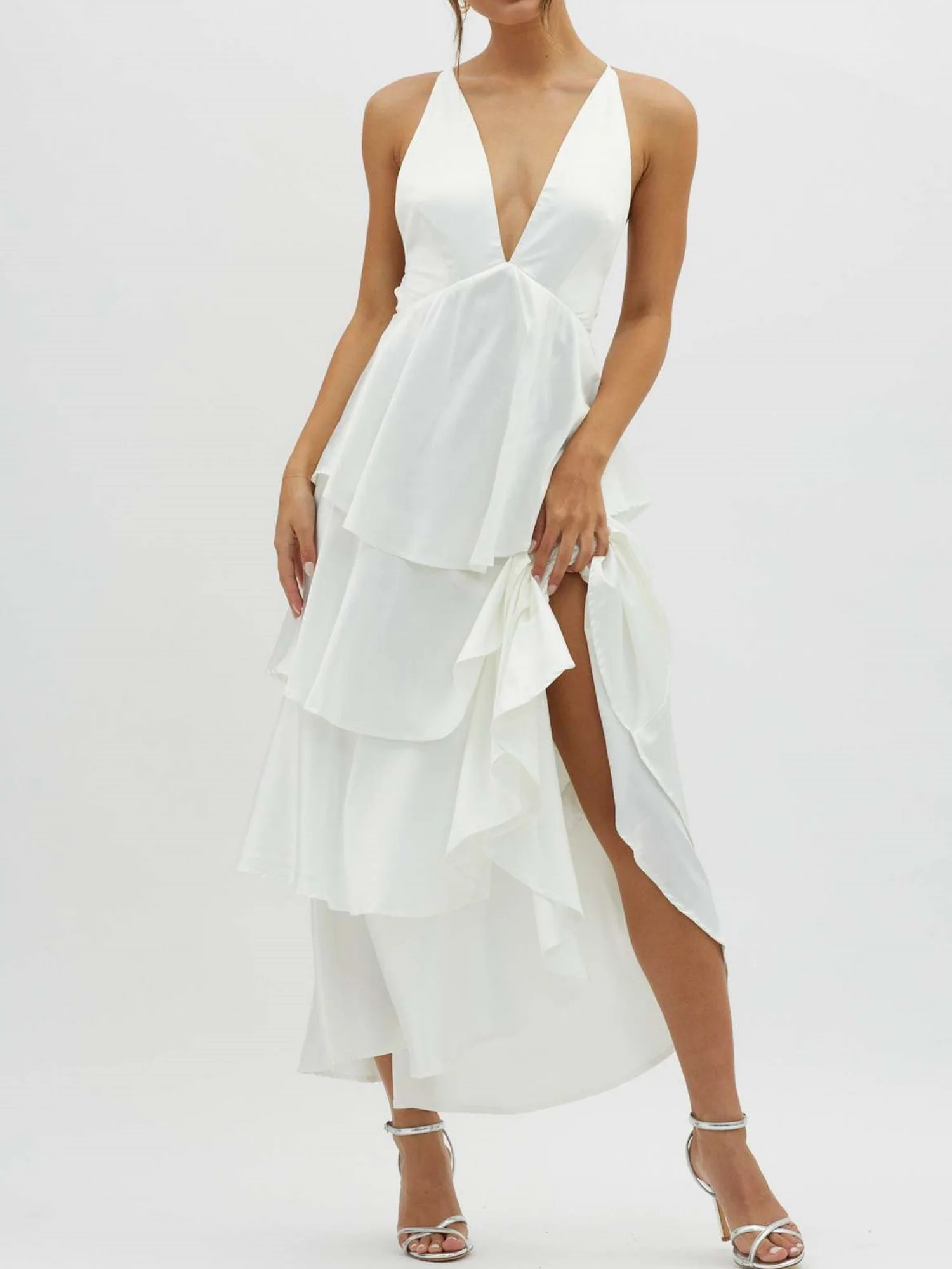 Ruffled Splicing Satin V-neck Tank Top Maxi Dresses - Image 5