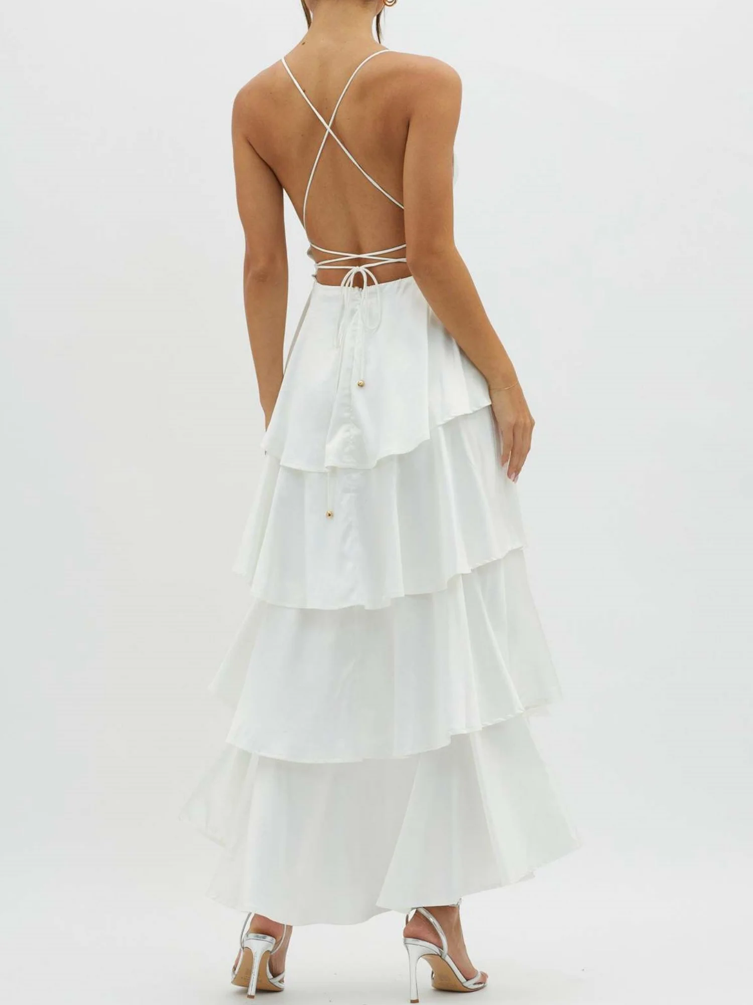 Ruffled Splicing Satin V-neck Tank Top Maxi Dresses - Image 6