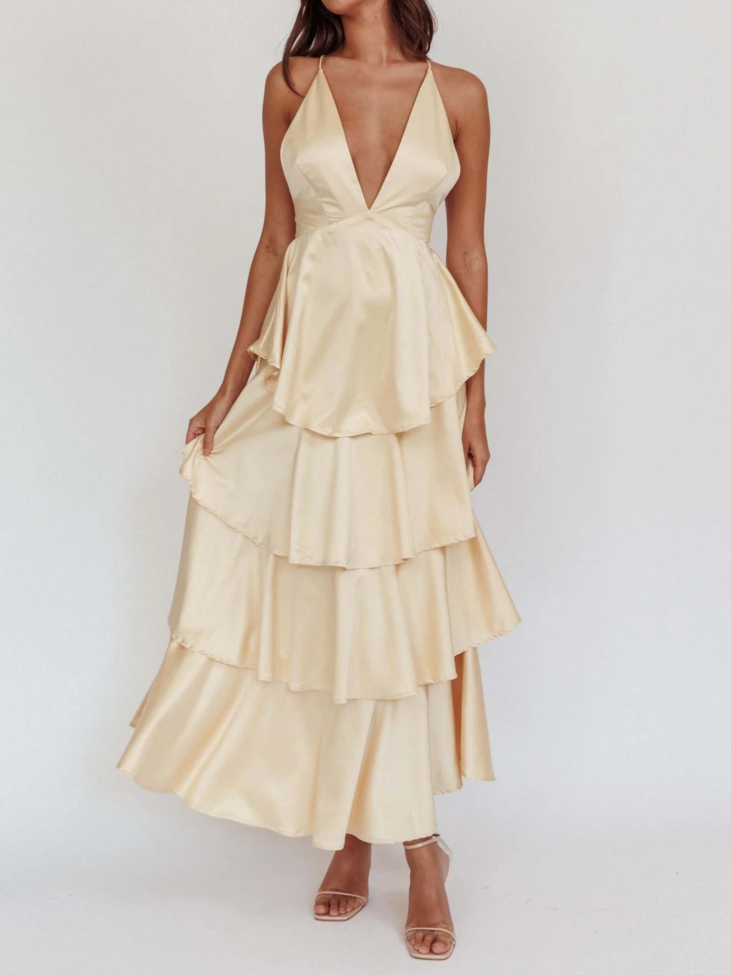 Ruffled Splicing Satin V-neck Tank Top Maxi Dresses - Image 8