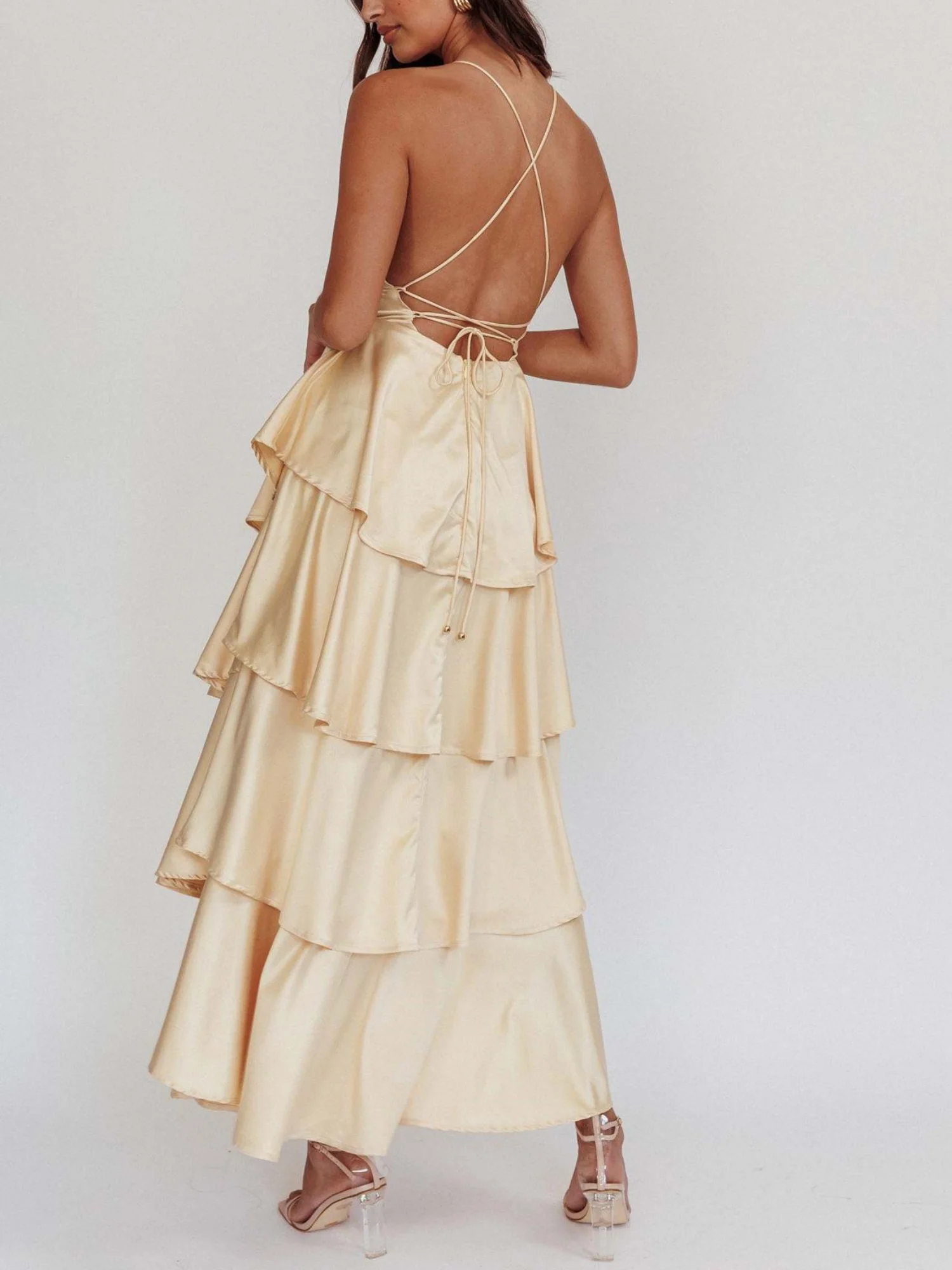 Ruffled Splicing Satin V-neck Tank Top Maxi Dresses - Image 9