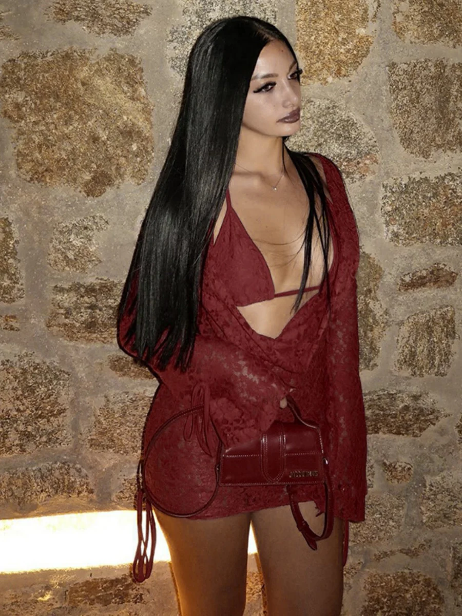 Bandage Lace Bra Draped Collar Dress Set 2-piece Sets - Image 4