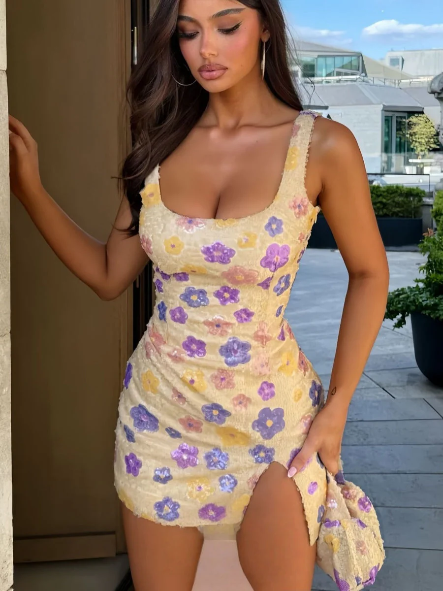 Color Flowers Sequins Slit Hip-hugging Mini&Short Dresses - Image 6