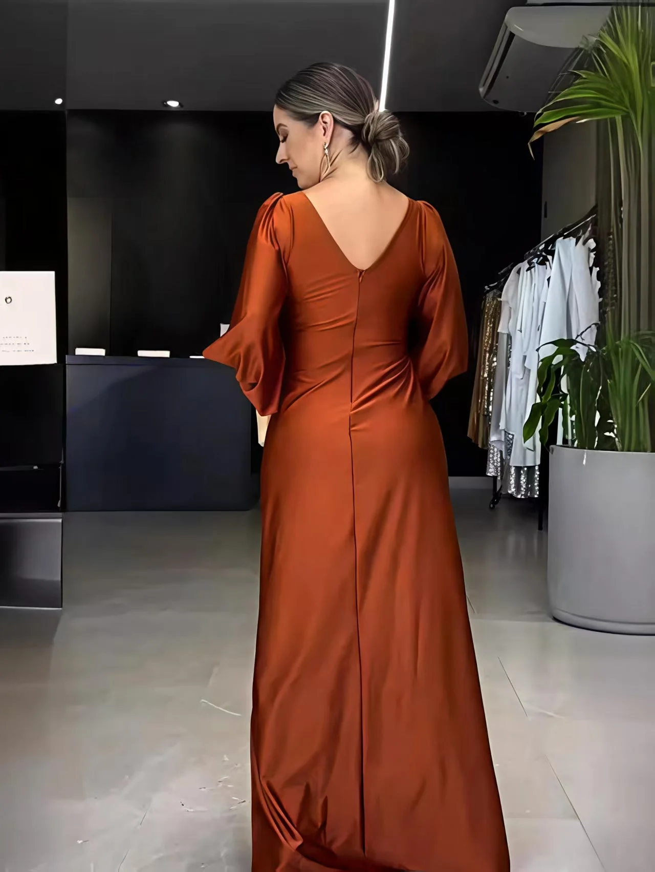 V-neck Solid Color Long Sleeve Slim Fit Slit Maxi Dresses - Image 2