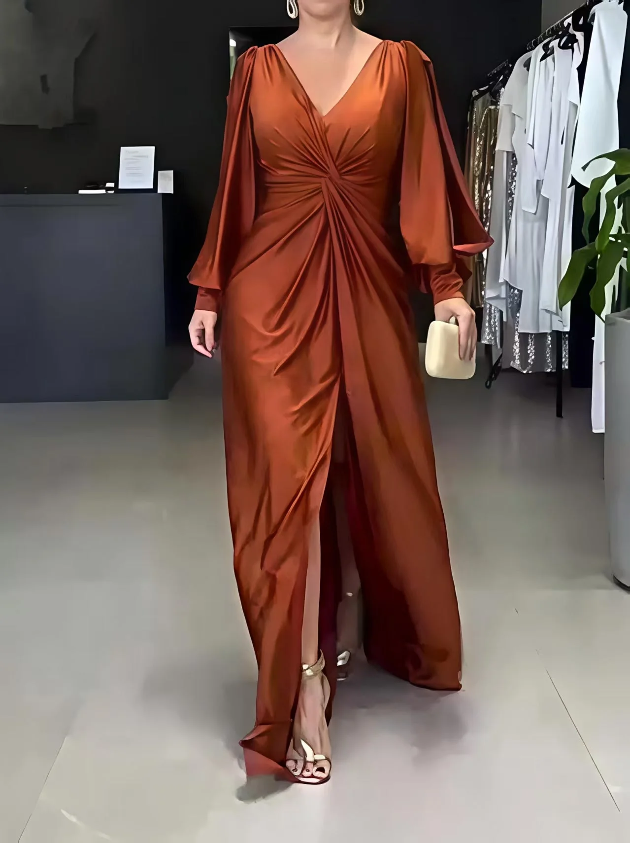 V-neck Solid Color Long Sleeve Slim Fit Slit Maxi Dresses - Image 3