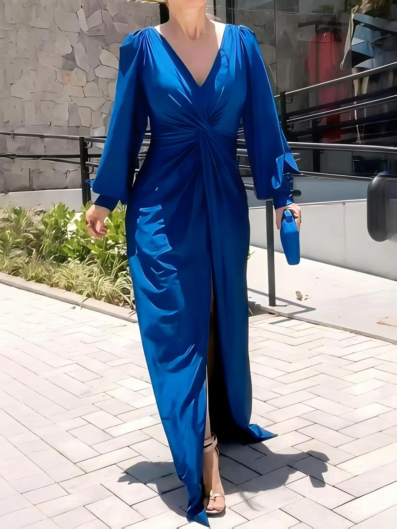 V-neck Solid Color Long Sleeve Slim Fit Slit Maxi Dresses - Image 4