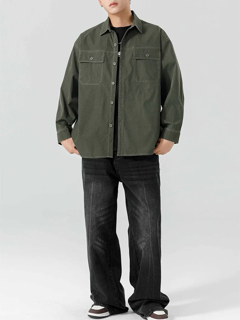Washed Distressed Work Clothes Shirts Coat - Image 7
