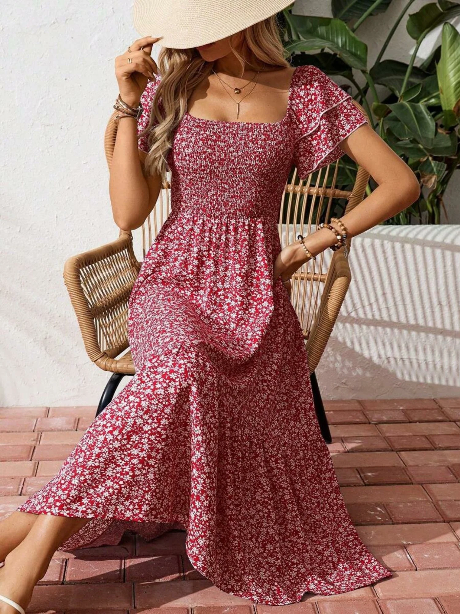 Floral Print Square Neckline And Puff Sleeves Maxi Dresses - Image 2