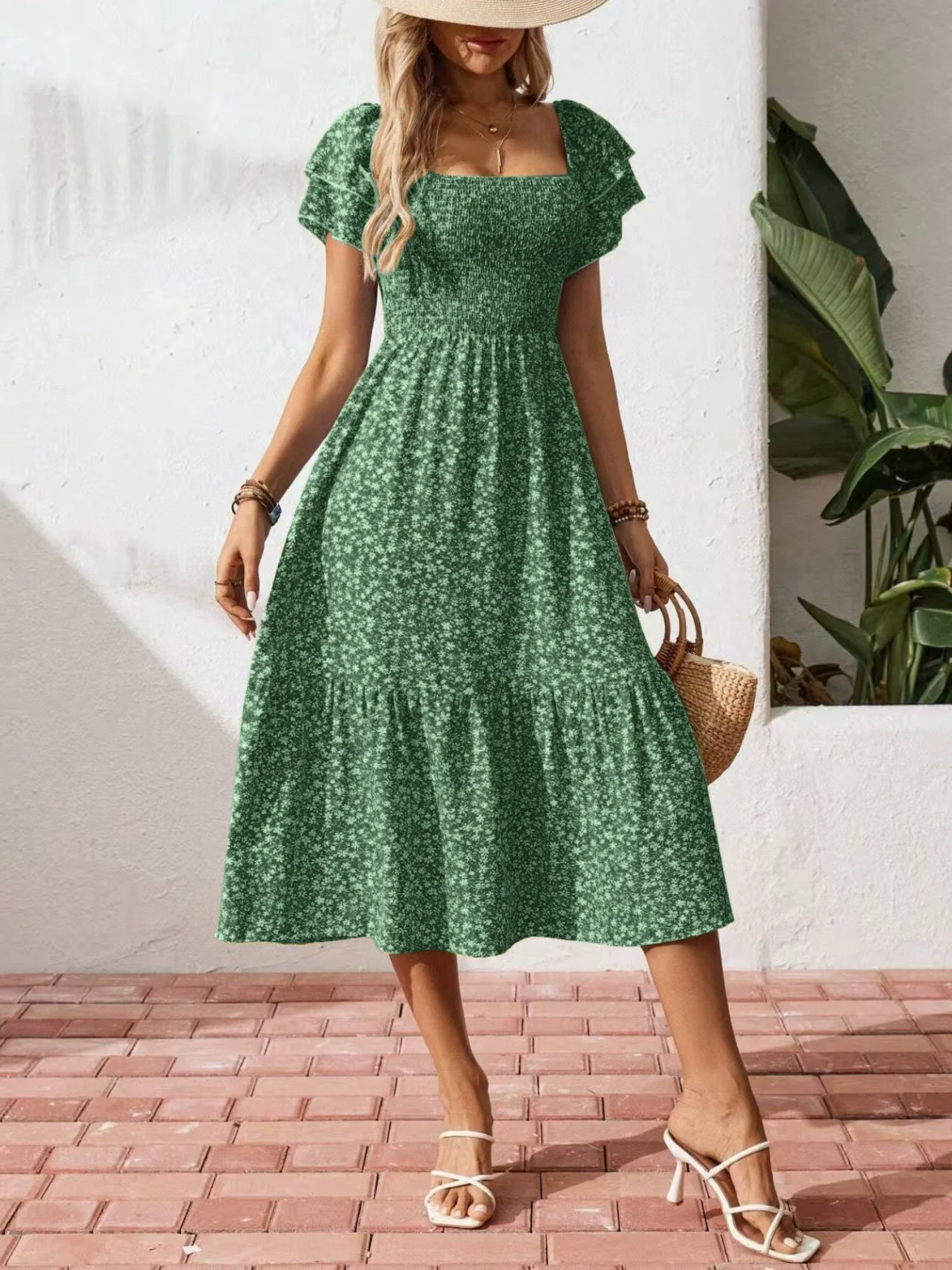Floral Print Square Neckline And Puff Sleeves Maxi Dresses - Image 5