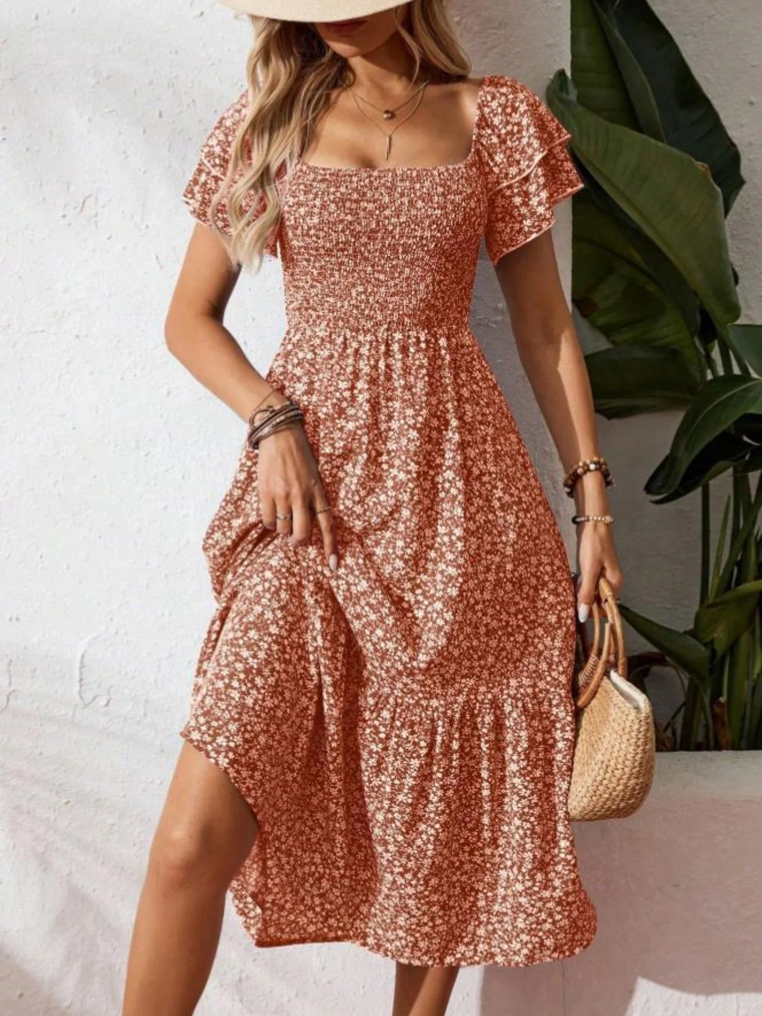 Floral Print Square Neckline And Puff Sleeves Maxi Dresses - Image 8