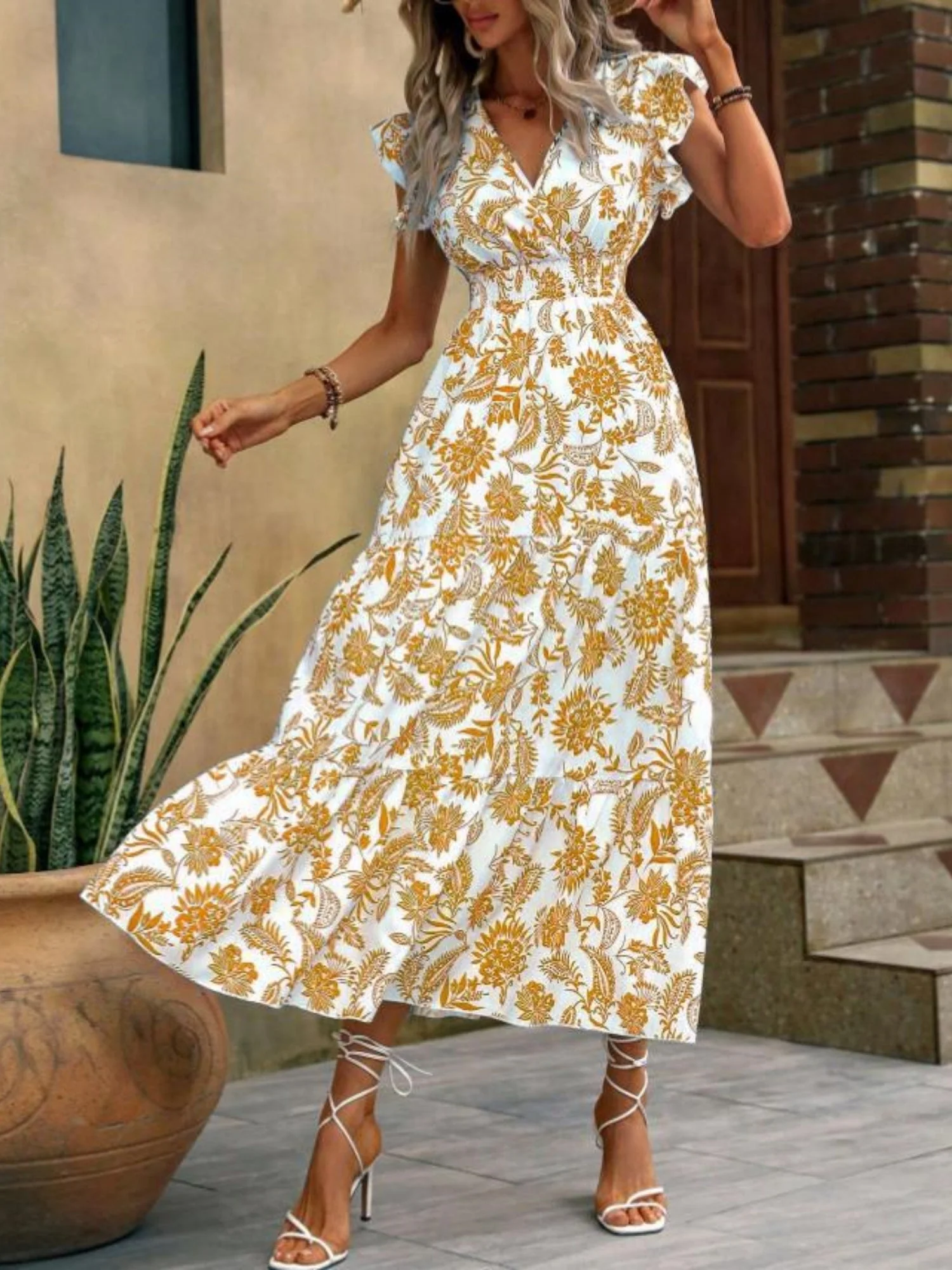 Floral Print V-neck Short Sleeve Maxi Dresses - Image 10