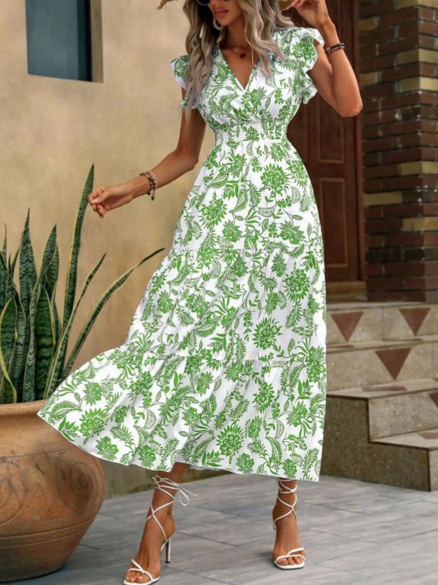 Floral Print V-neck Short Sleeve Maxi Dresses - Image 11