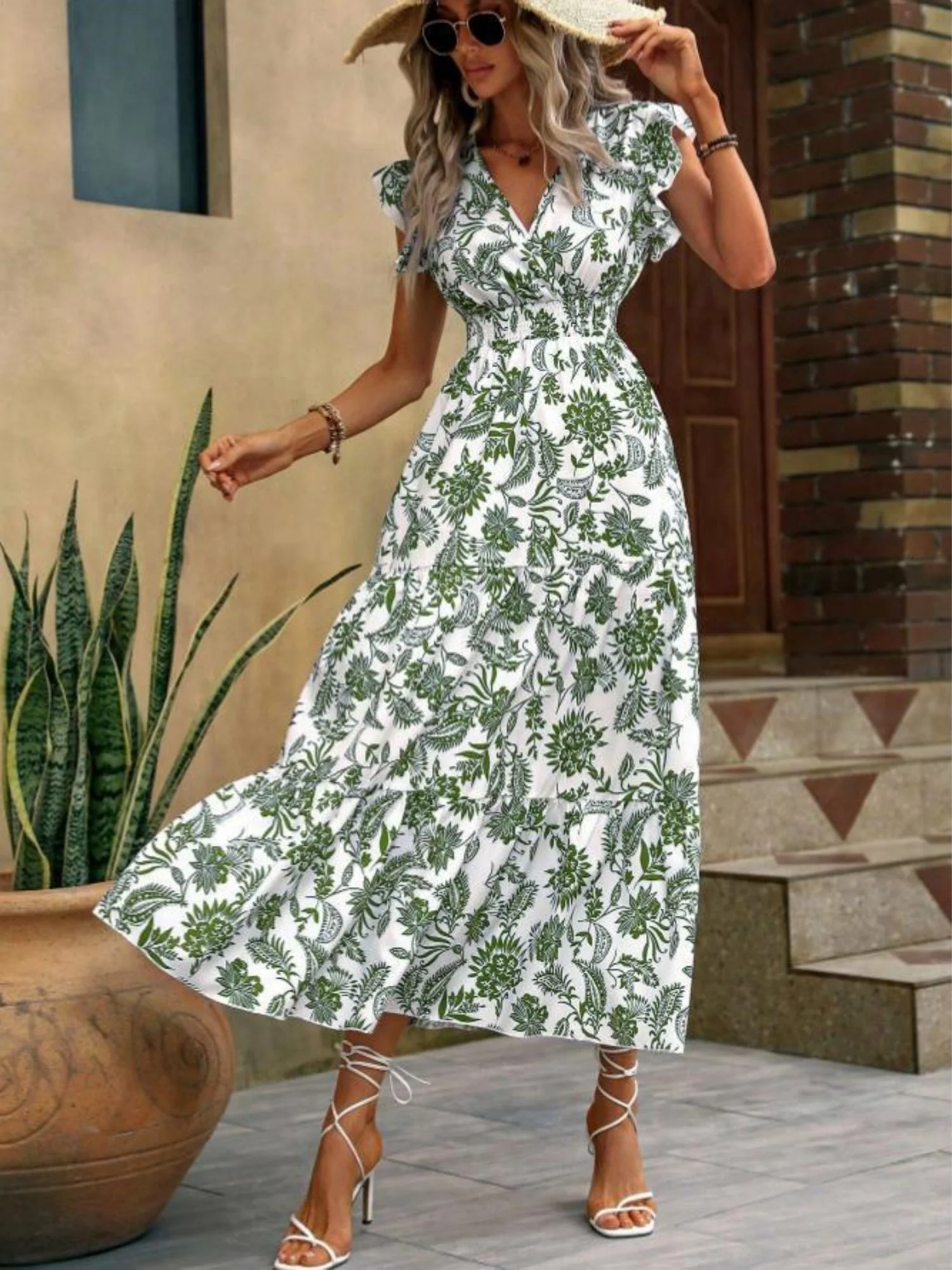 Floral Print V-neck Short Sleeve Maxi Dresses - Image 12