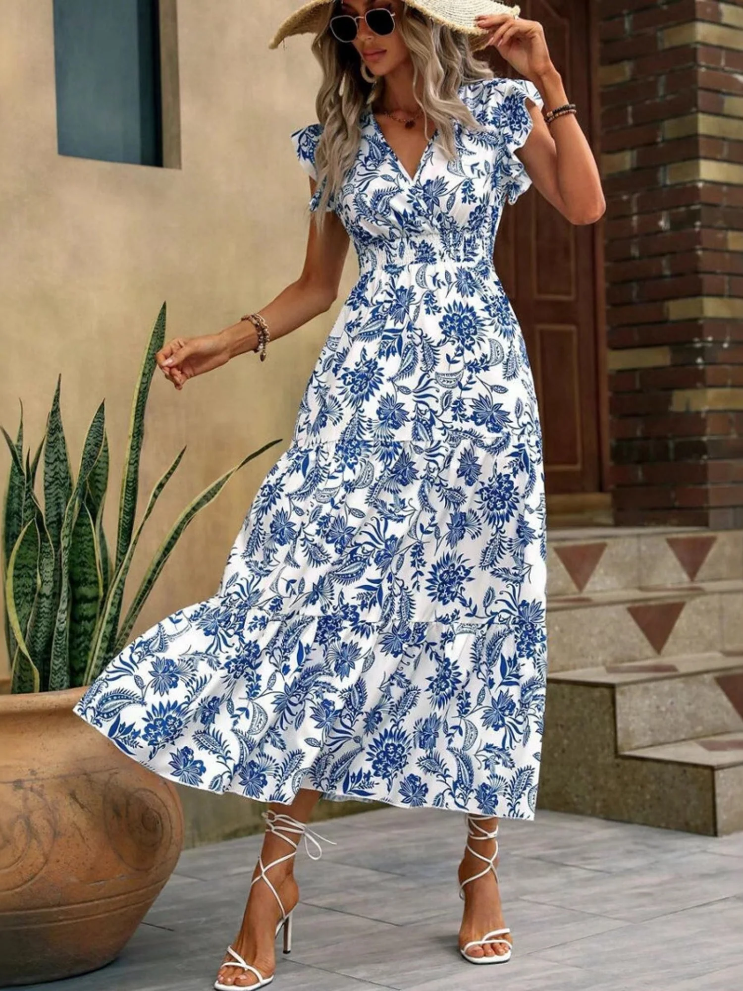 Floral Print V-neck Short Sleeve Maxi Dresses - Image 2