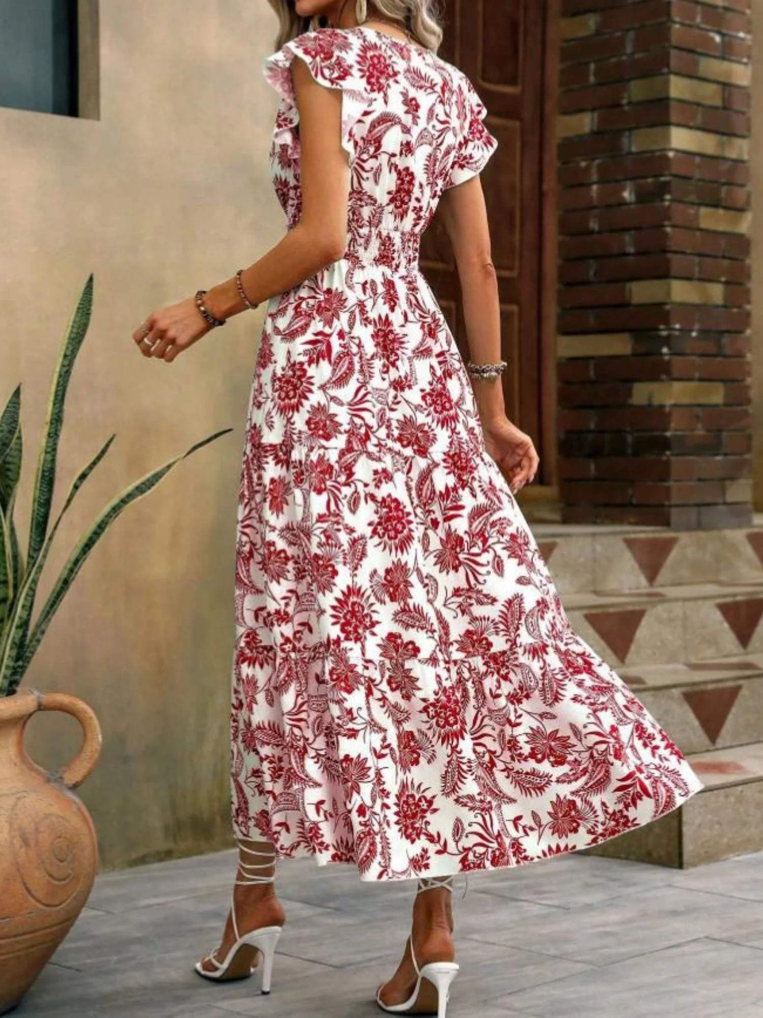 Floral Print V-neck Short Sleeve Maxi Dresses - Image 4