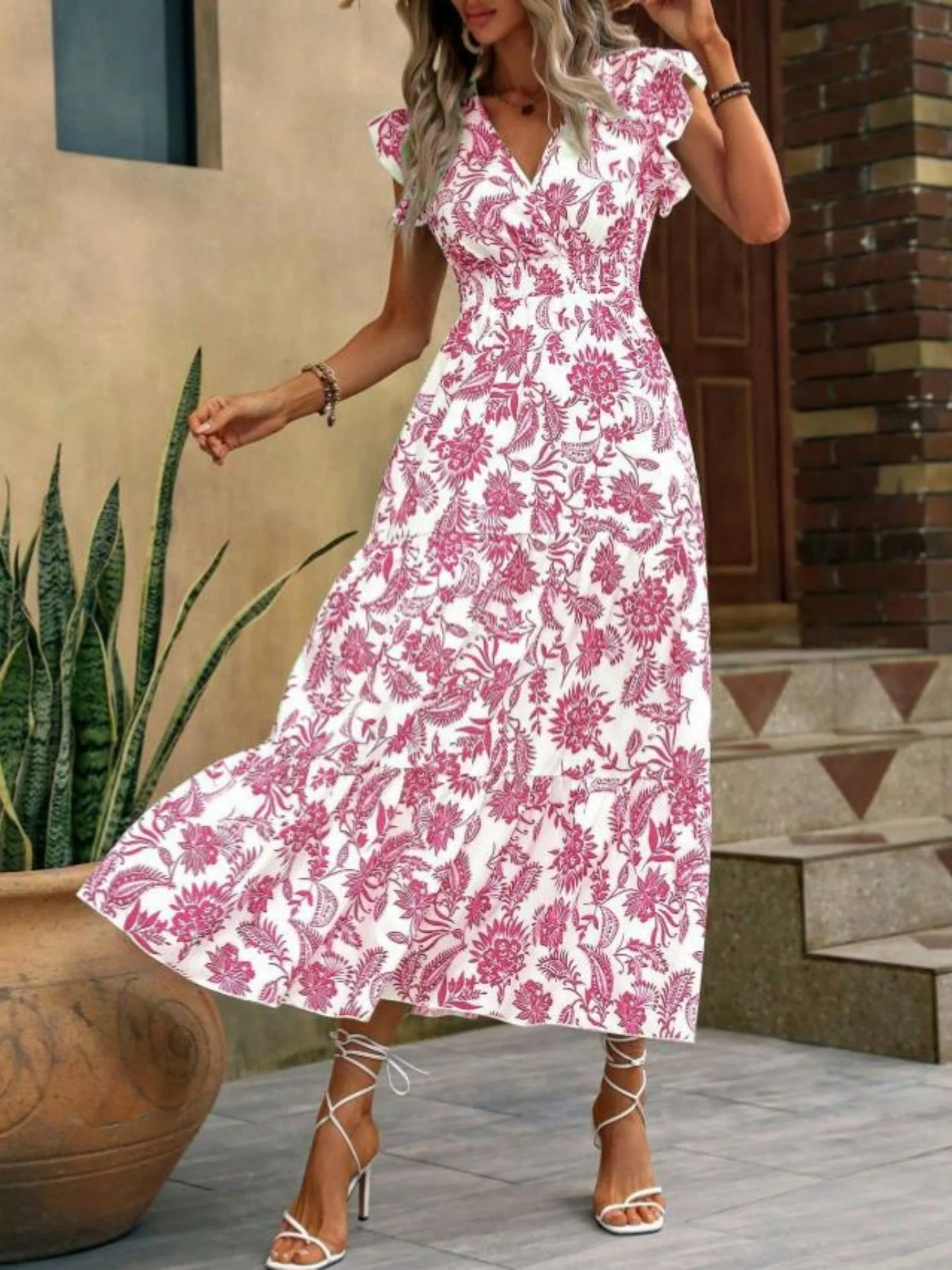 Floral Print V-neck Short Sleeve Maxi Dresses - Image 6