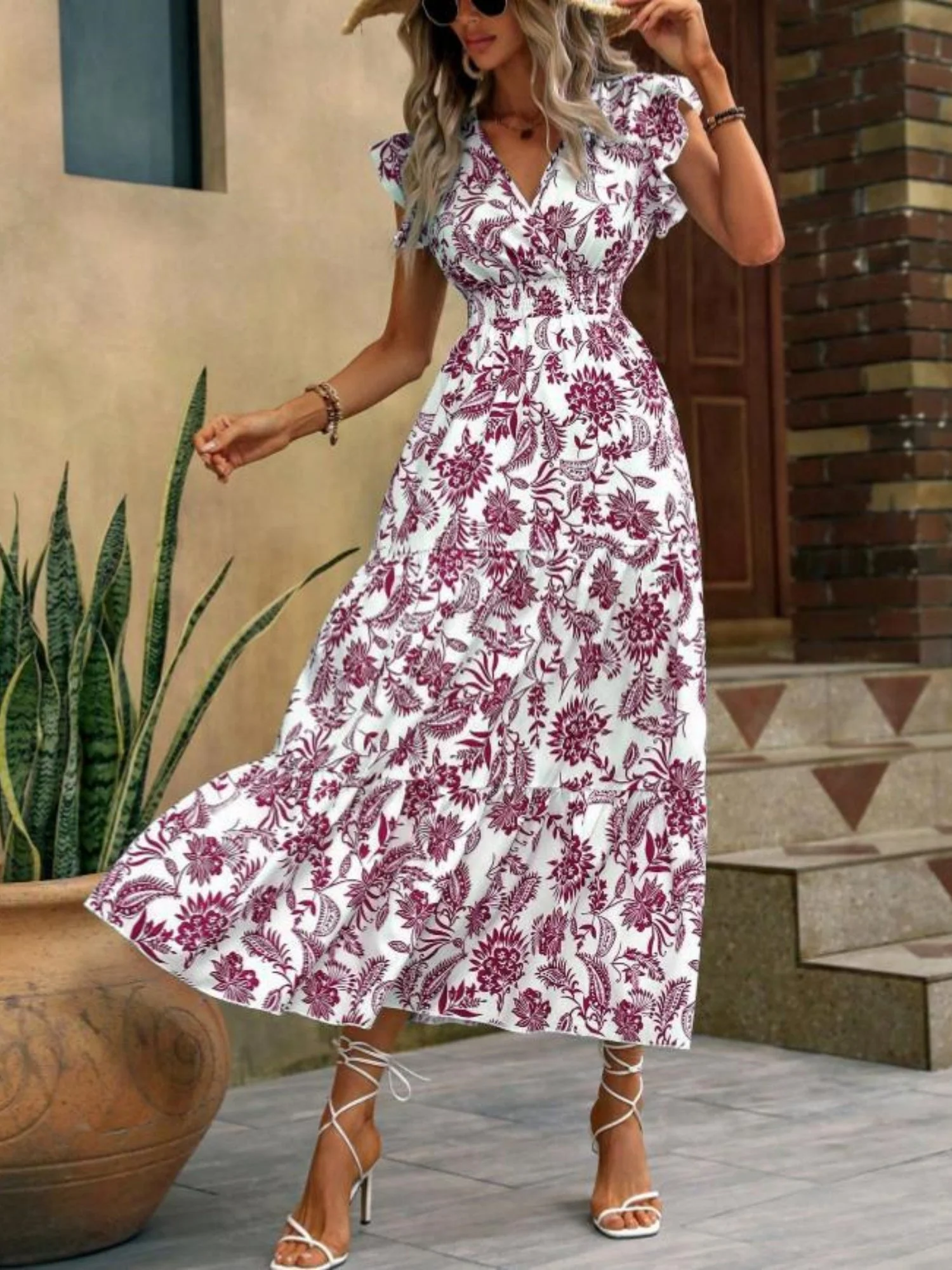 Floral Print V-neck Short Sleeve Maxi Dresses - Image 7