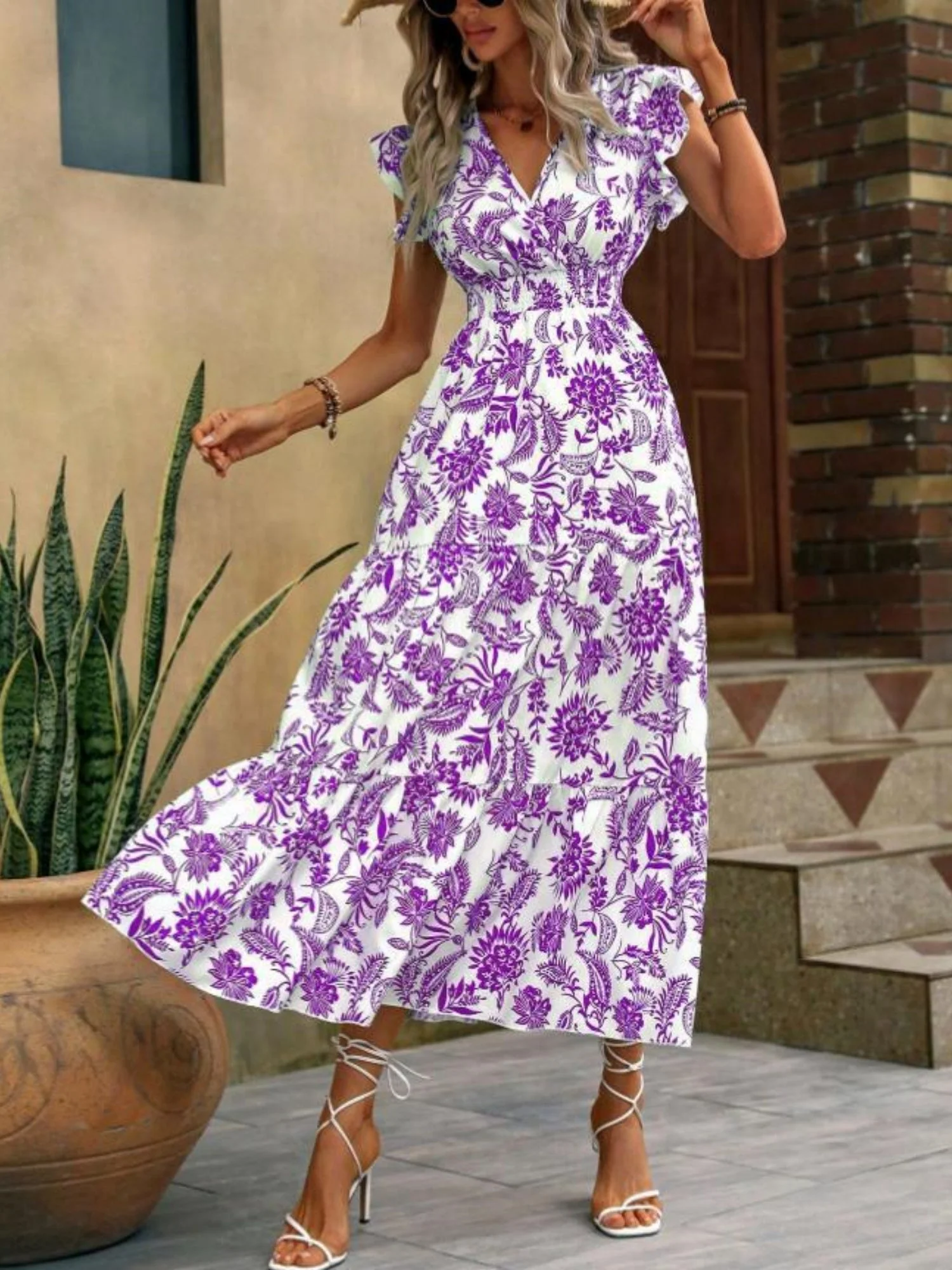 Floral Print V-neck Short Sleeve Maxi Dresses - Image 8