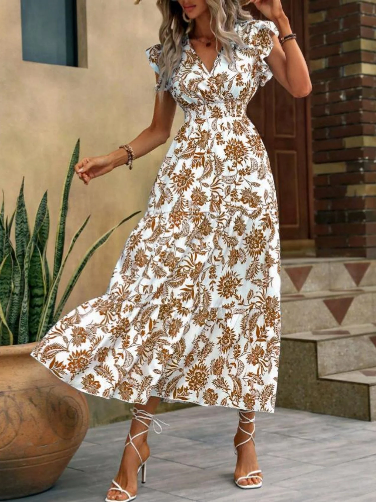 Floral Print V-neck Short Sleeve Maxi Dresses - Image 9