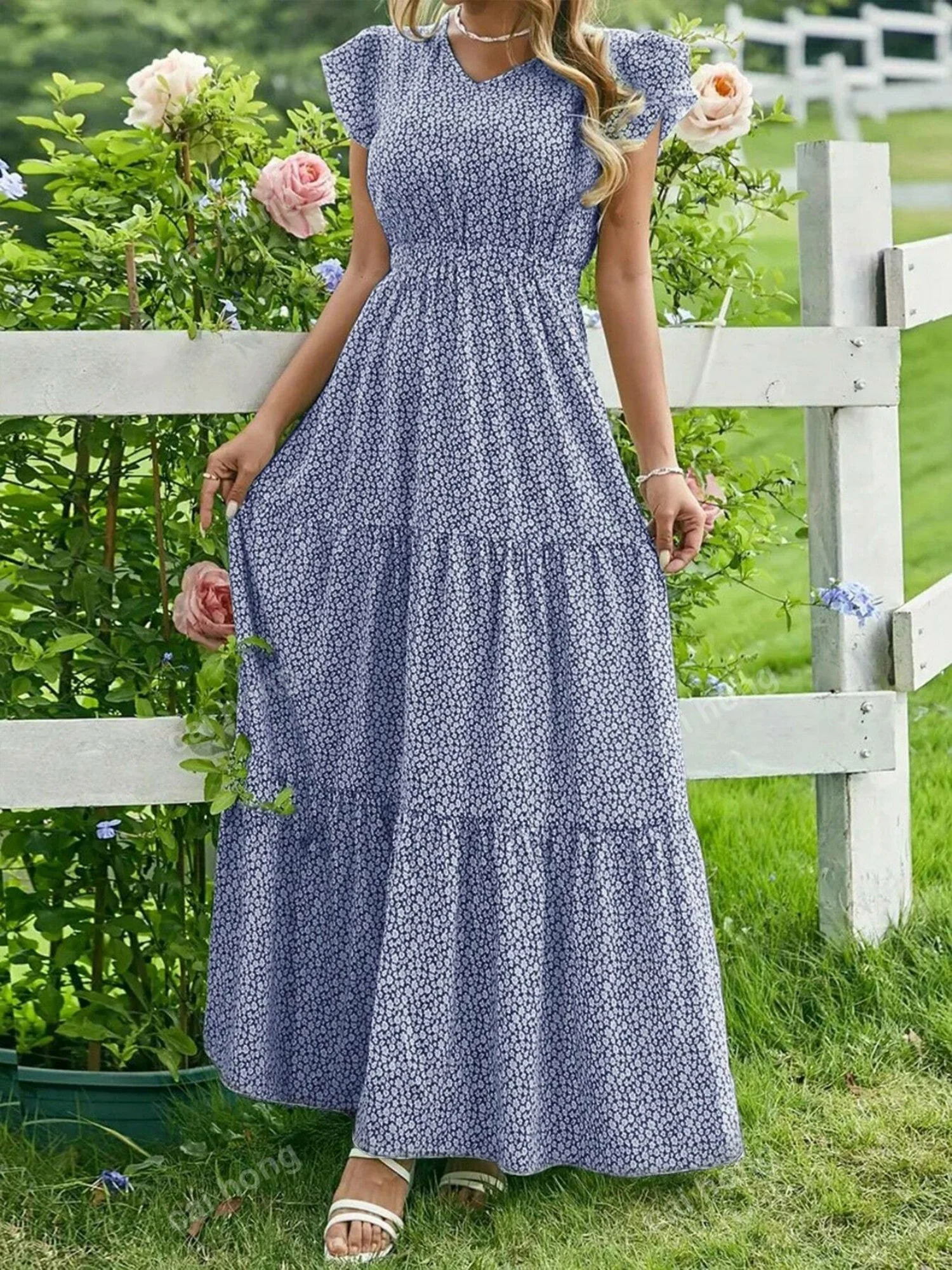Floral Print V-neck Short Sleeve Maxi Dresses - Image 2
