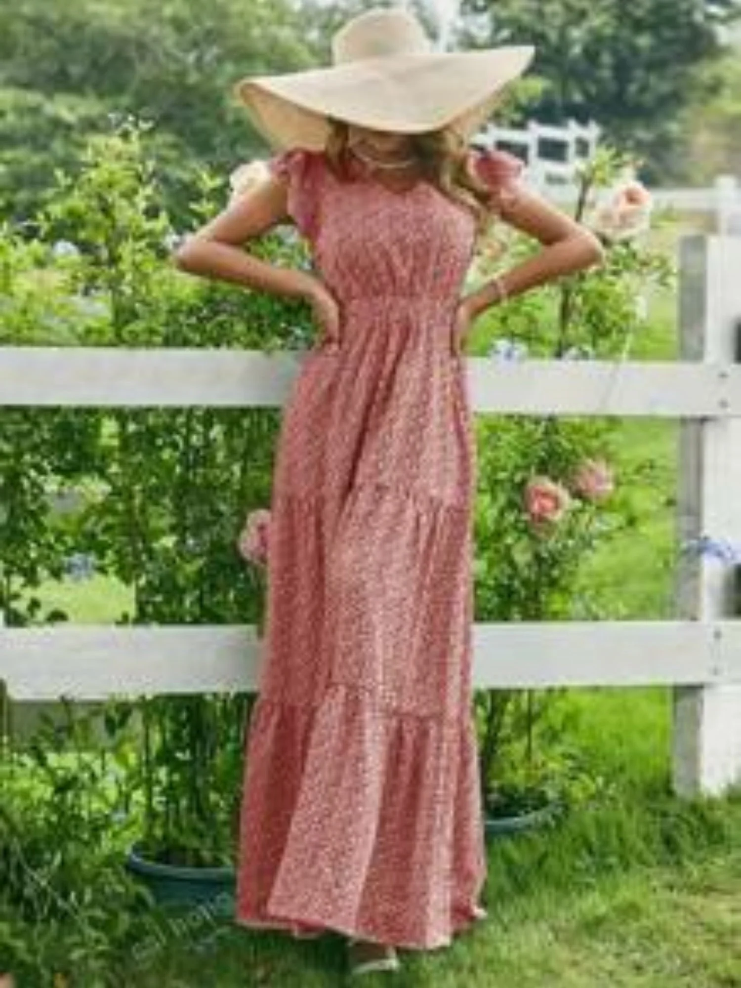 Floral Print V-neck Short Sleeve Maxi Dresses - Image 4