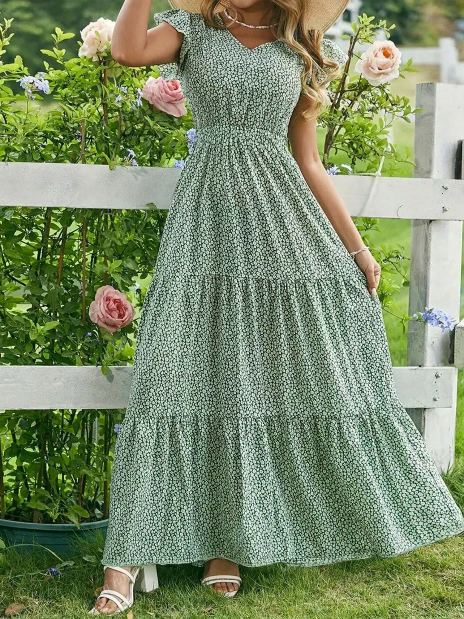 Floral Print V-neck Short Sleeve Maxi Dresses - Image 6