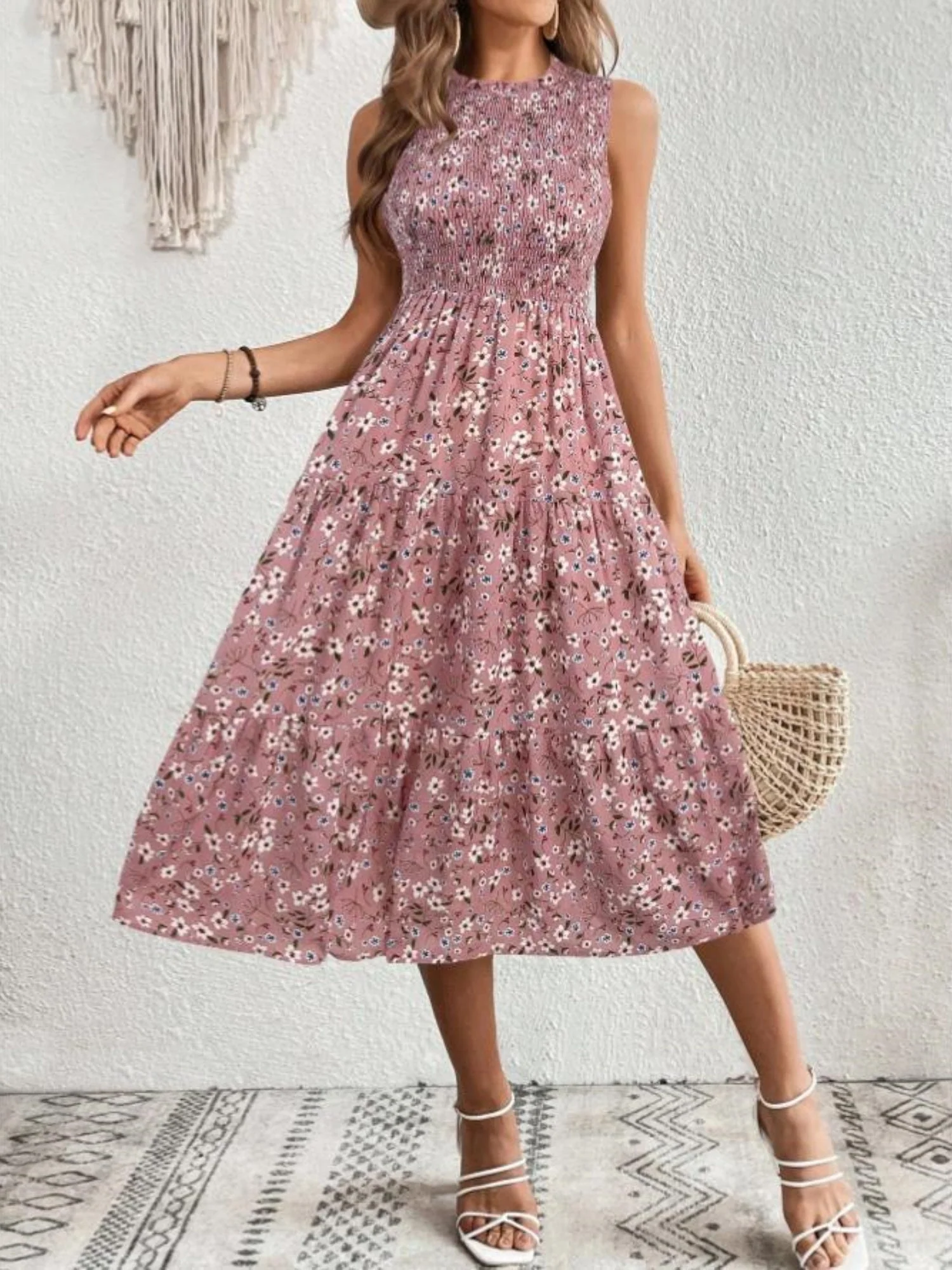 Floral Print Round Neck Sleeveless Maxi Dresses - Image 3