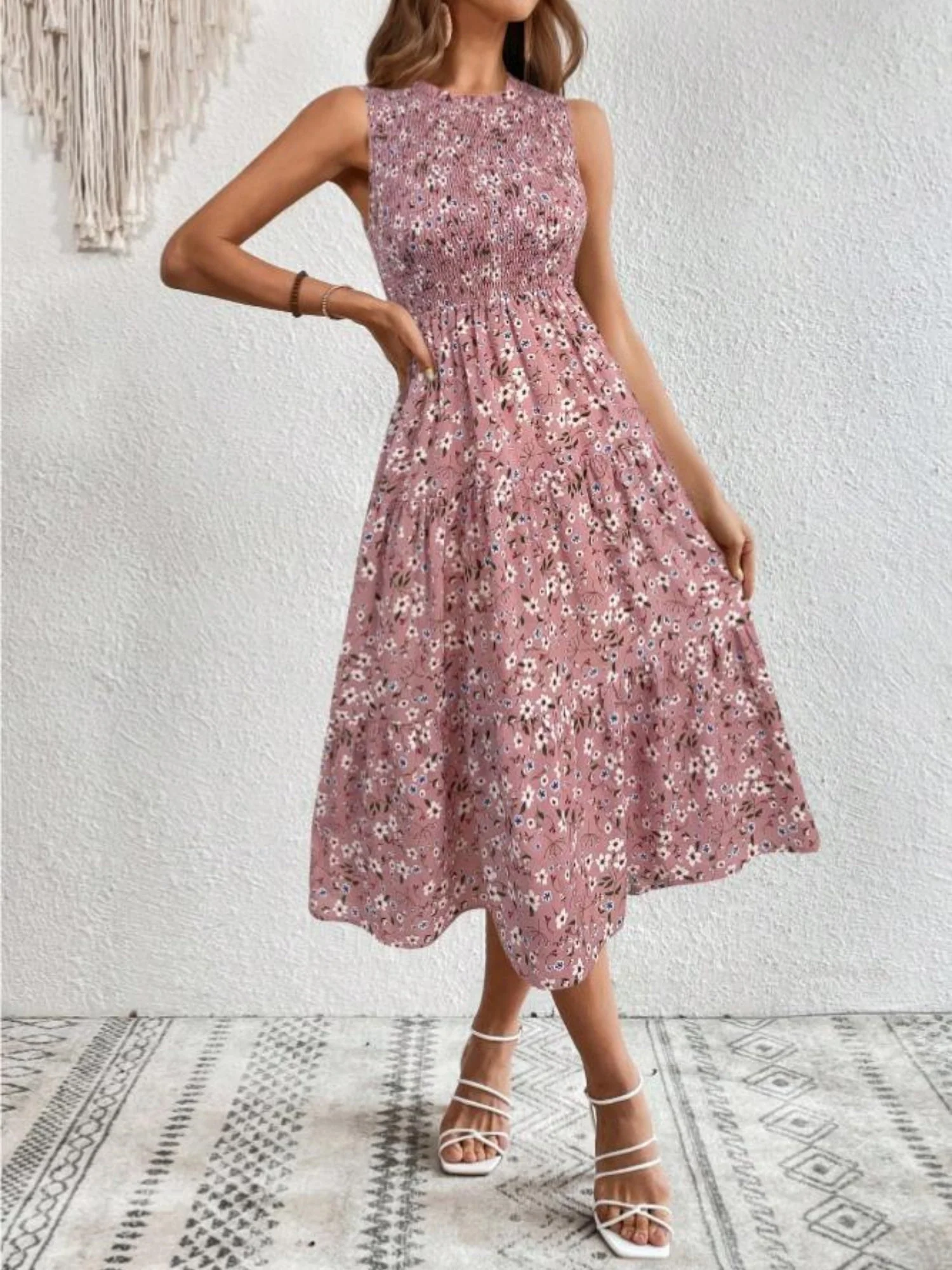 Floral Print Round Neck Sleeveless Maxi Dresses - Image 4
