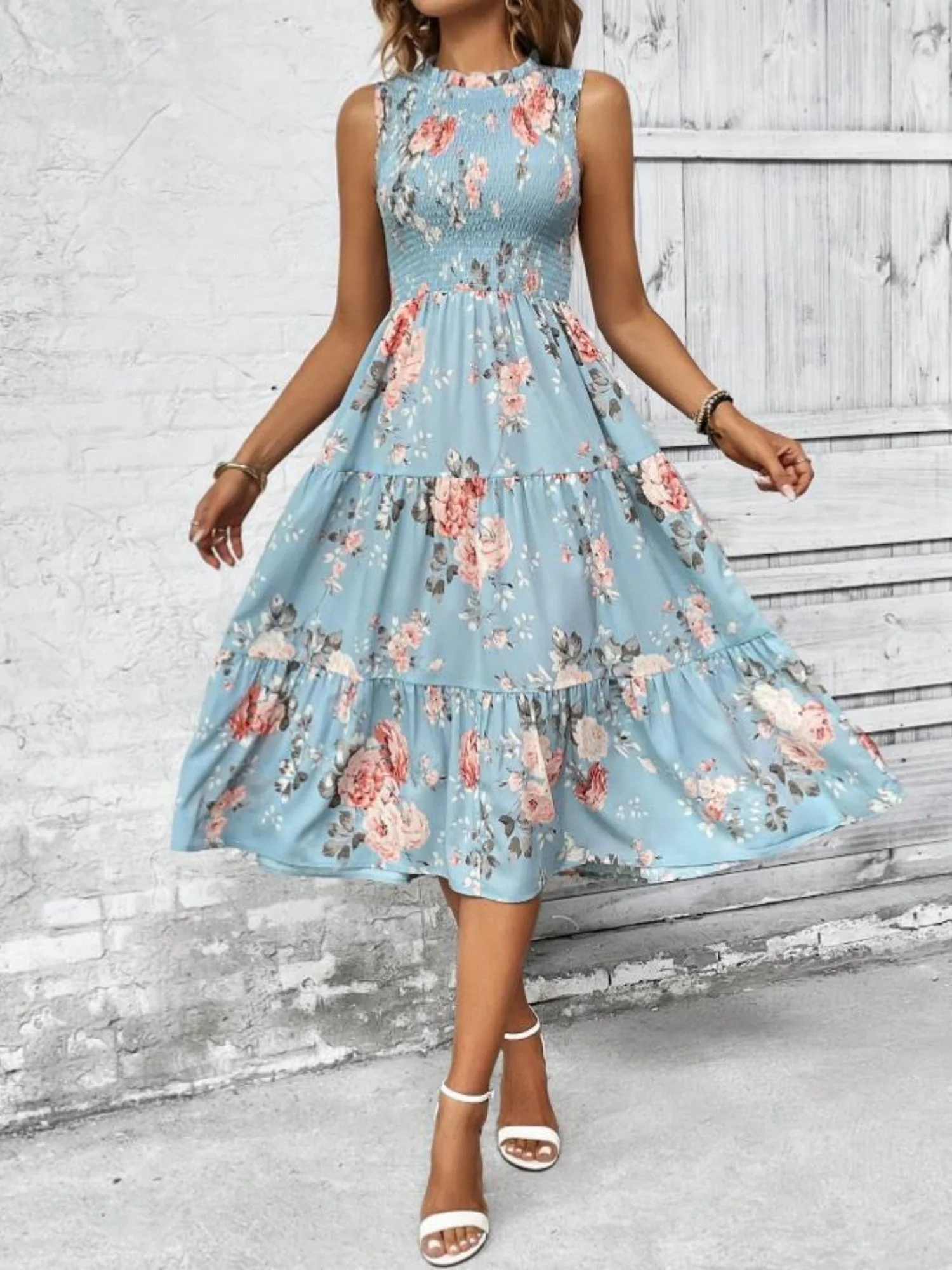Floral Print Round Neck Sleeveless Maxi Dresses - Image 5