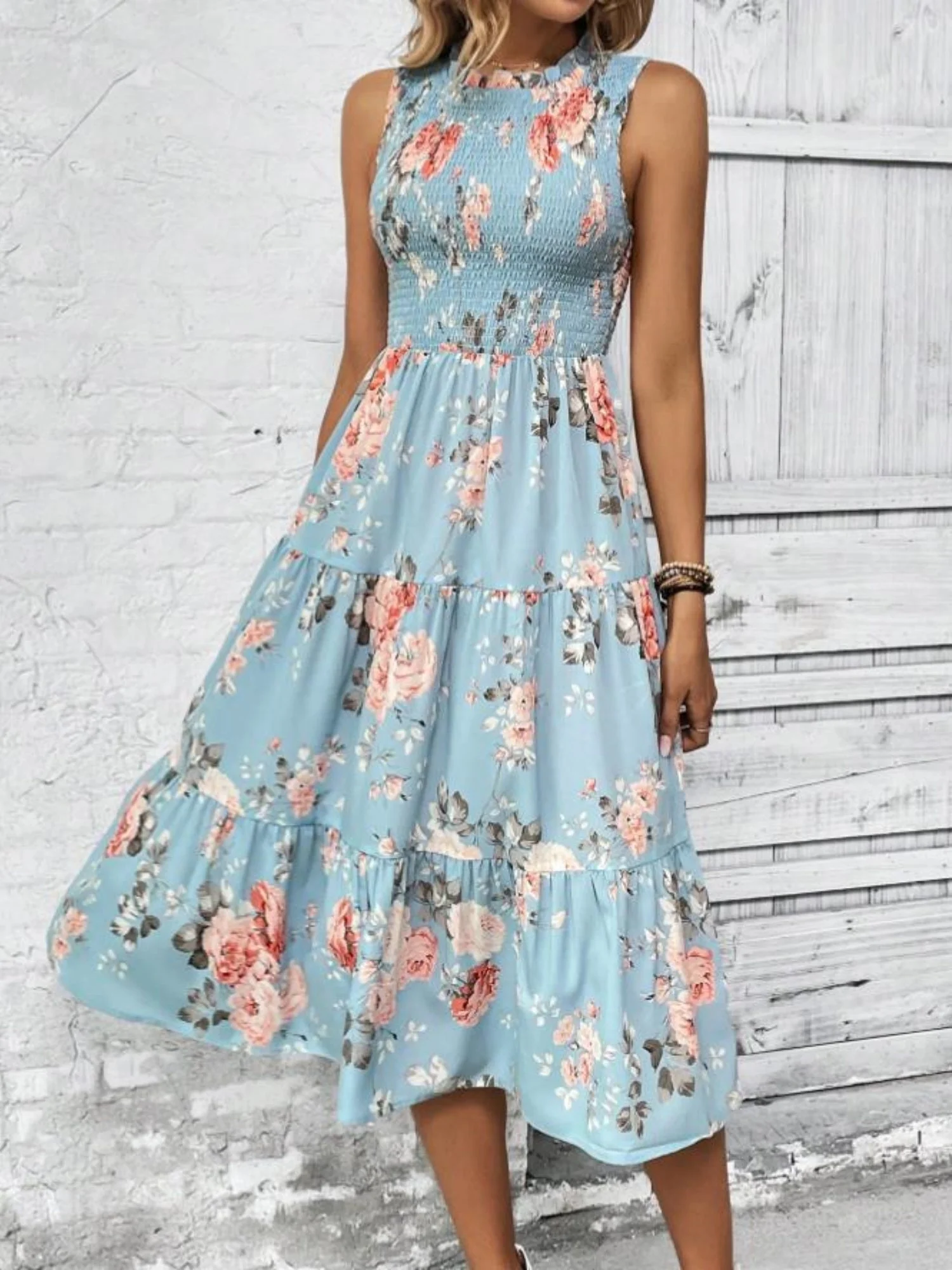 Floral Print Round Neck Sleeveless Maxi Dresses - Image 6