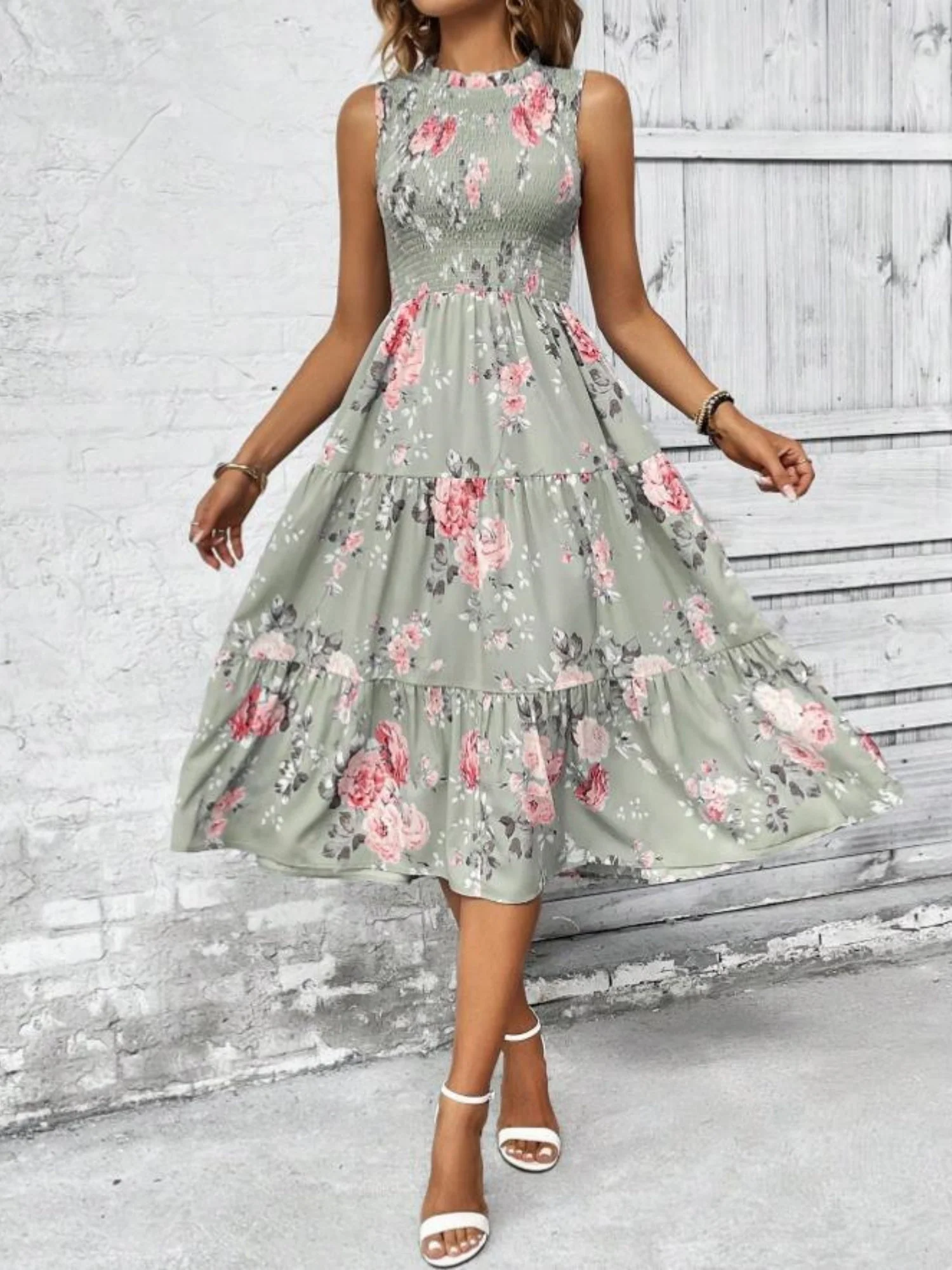 Floral Print Round Neck Sleeveless Maxi Dresses - Image 7