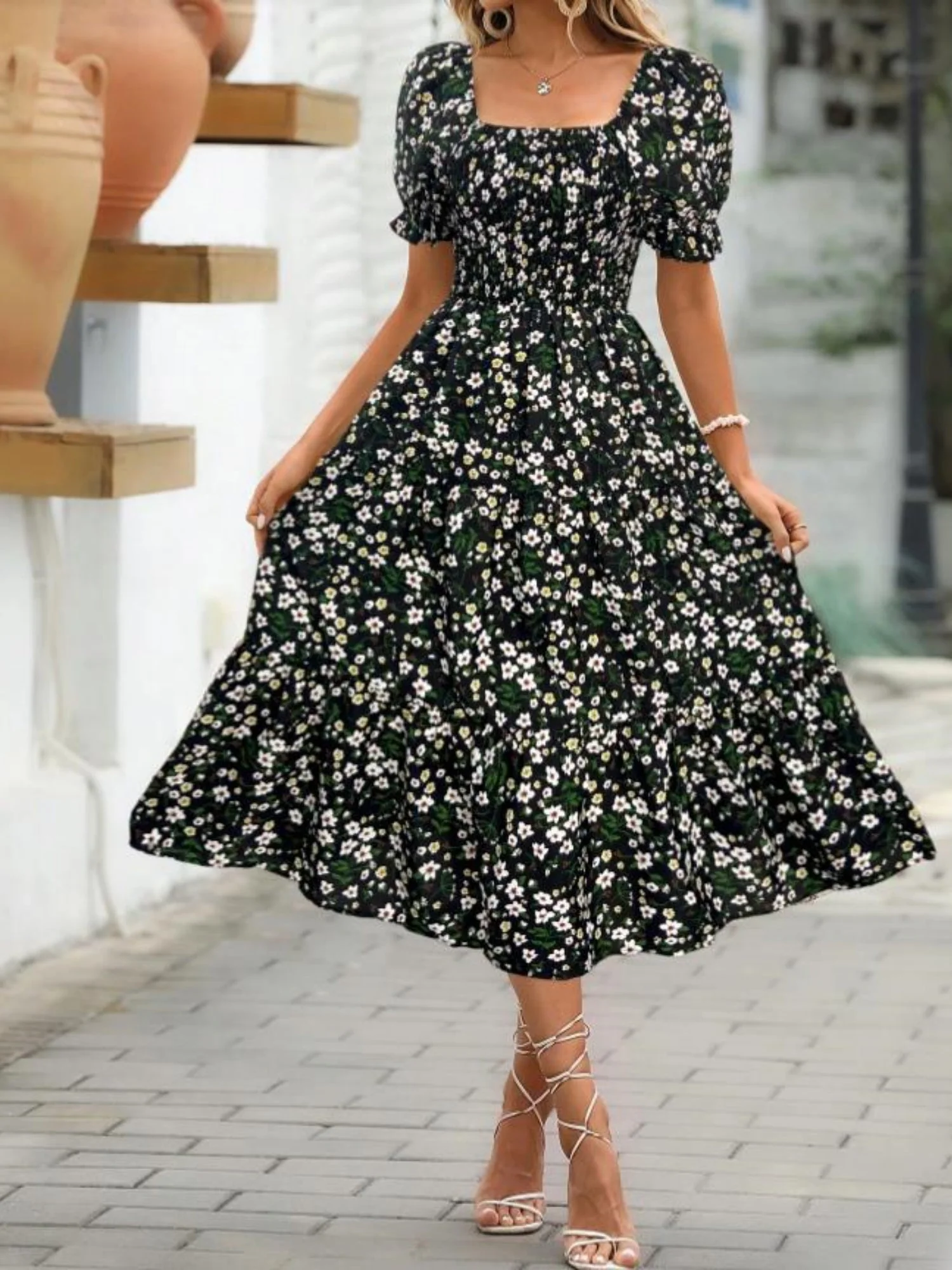 Floral Print Square Neckline And Puff Sleeves Maxi Dresses - Image 11