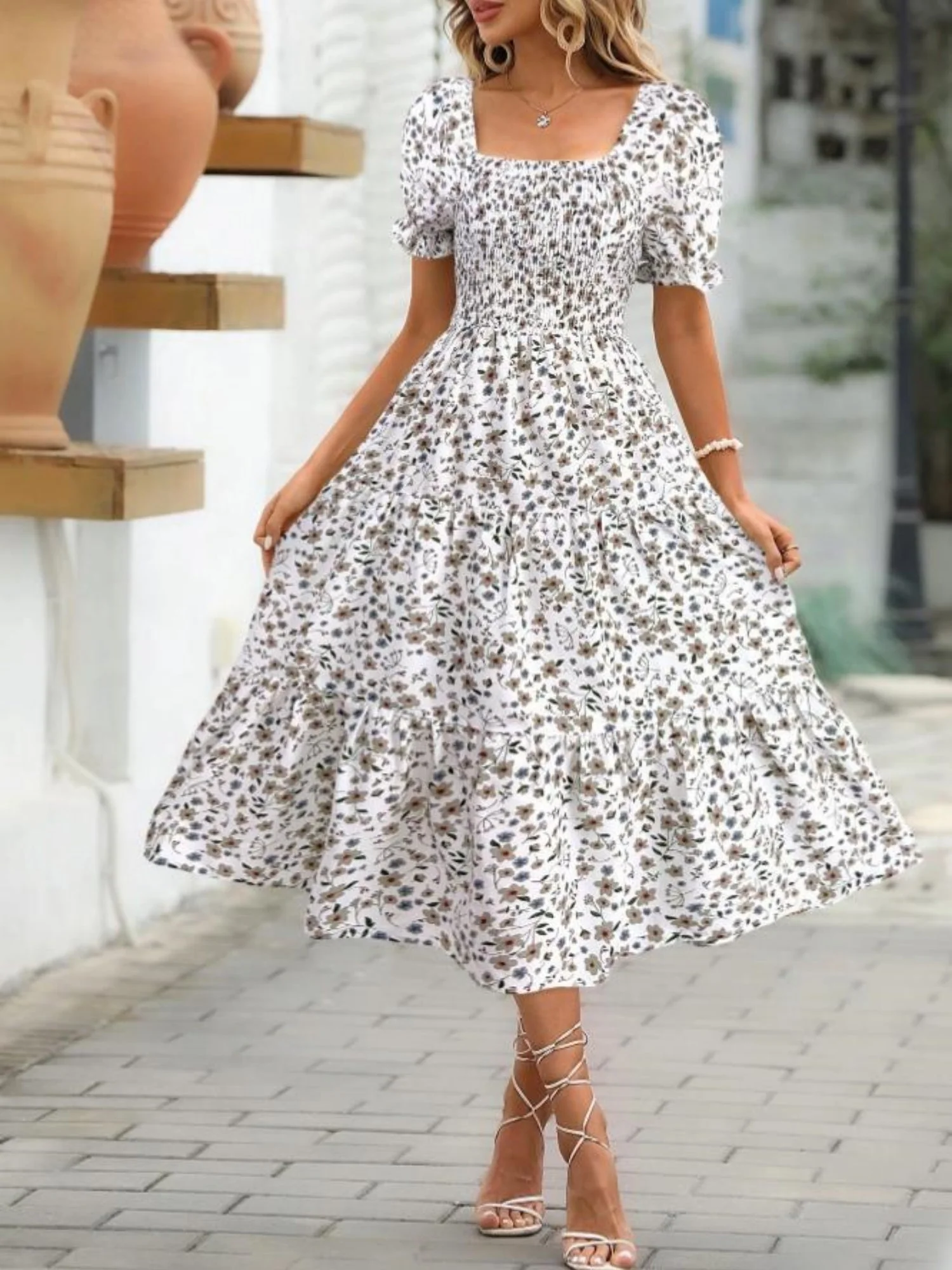 Floral Print Square Neckline And Puff Sleeves Maxi Dresses - Image 3