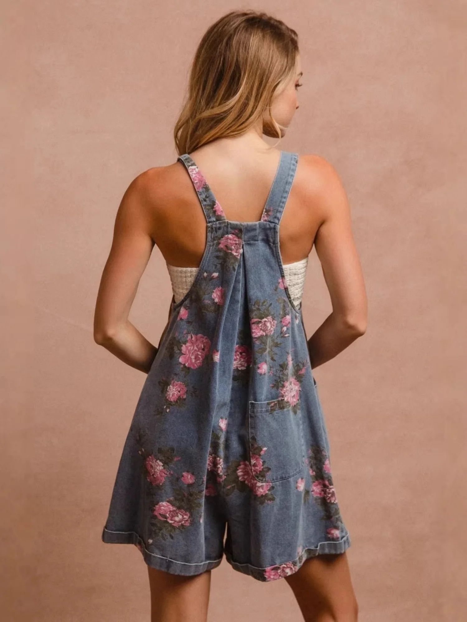 Denim Floral Print Pocket Sleeveless Suspenders Short Jumpsuit - Image 2