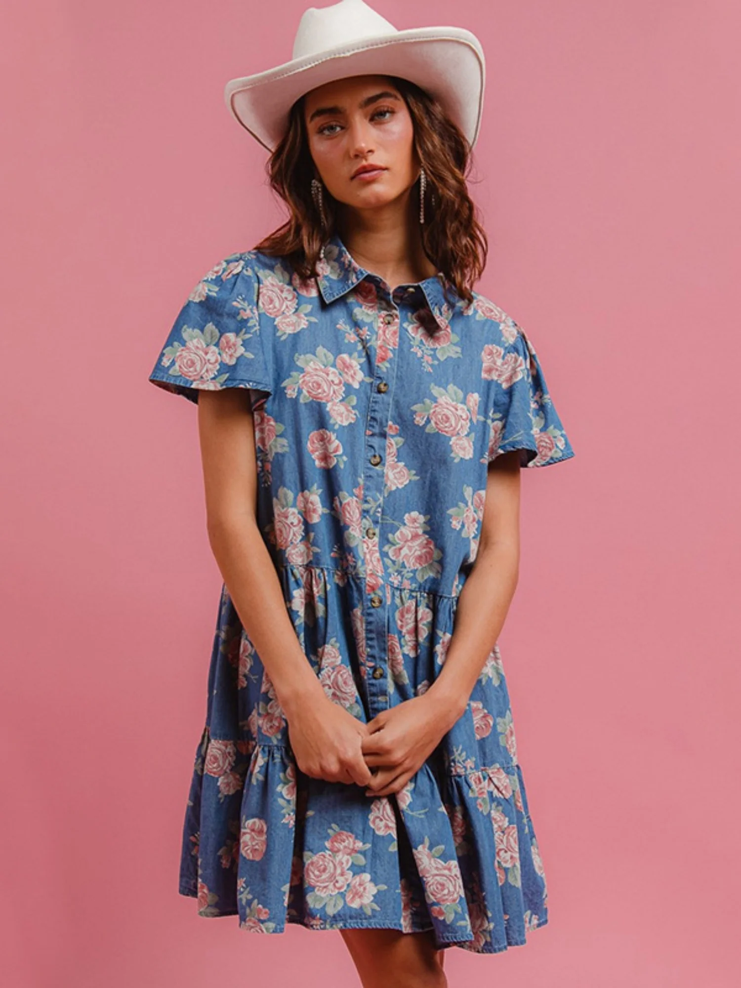Denim Floral Print Collared Short-sleeved Shirt Buttons Shirt Dress - Image 2