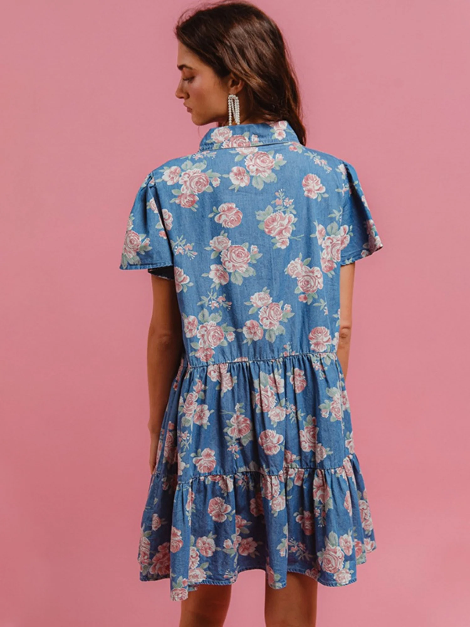 Denim Floral Print Collared Short-sleeved Shirt Buttons Shirt Dress - Image 3