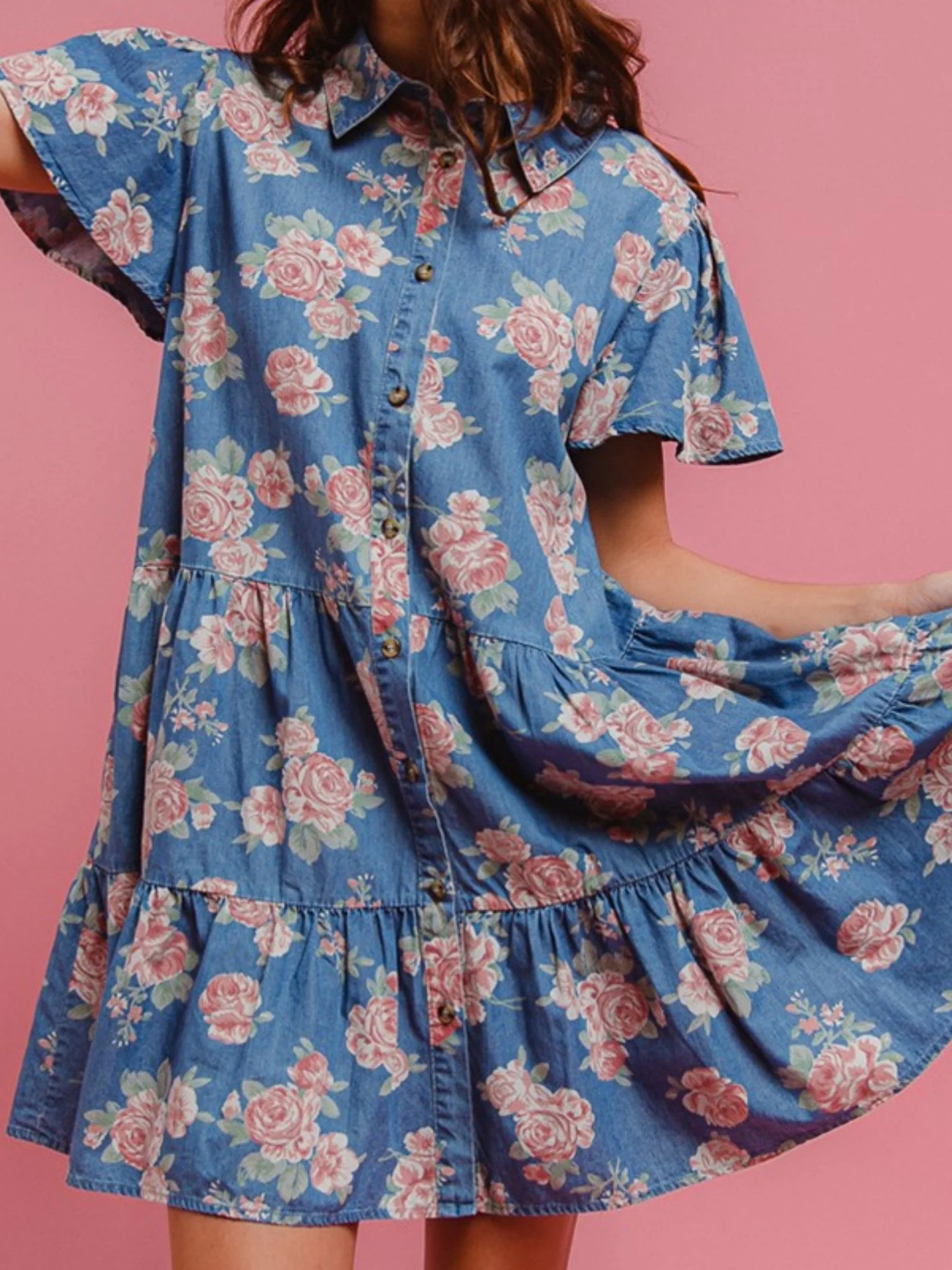 Denim Floral Print Collared Short-sleeved Shirt Buttons Shirt Dress - Image 4