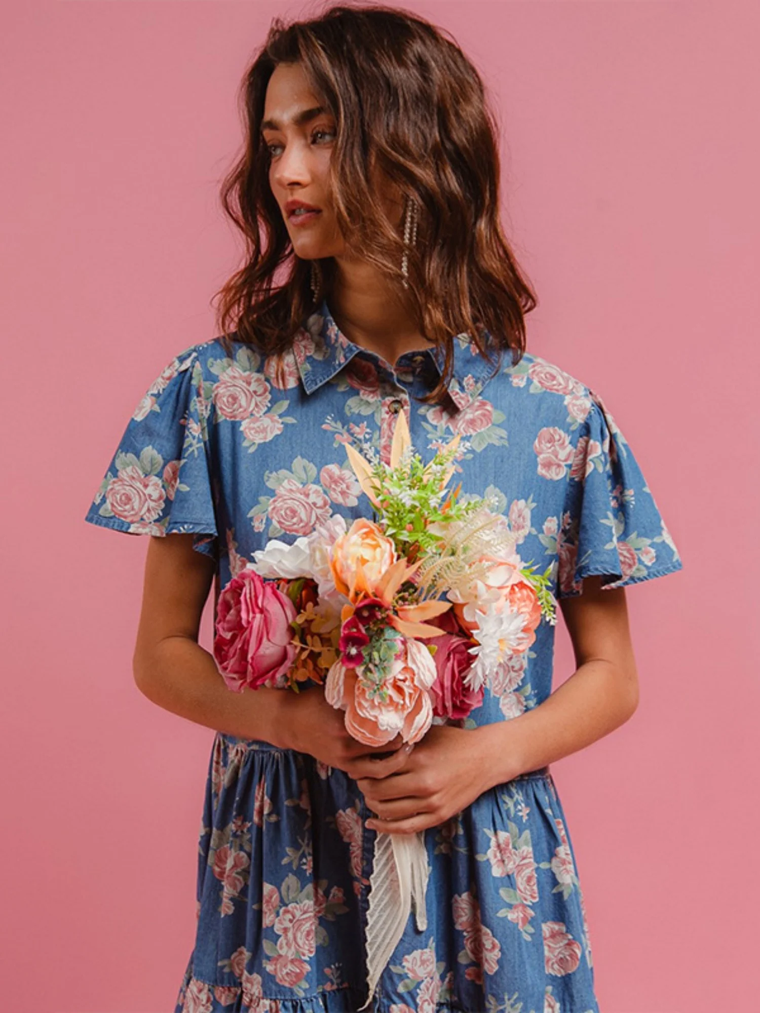 Denim Floral Print Collared Short-sleeved Shirt Buttons Shirt Dress - Image 5