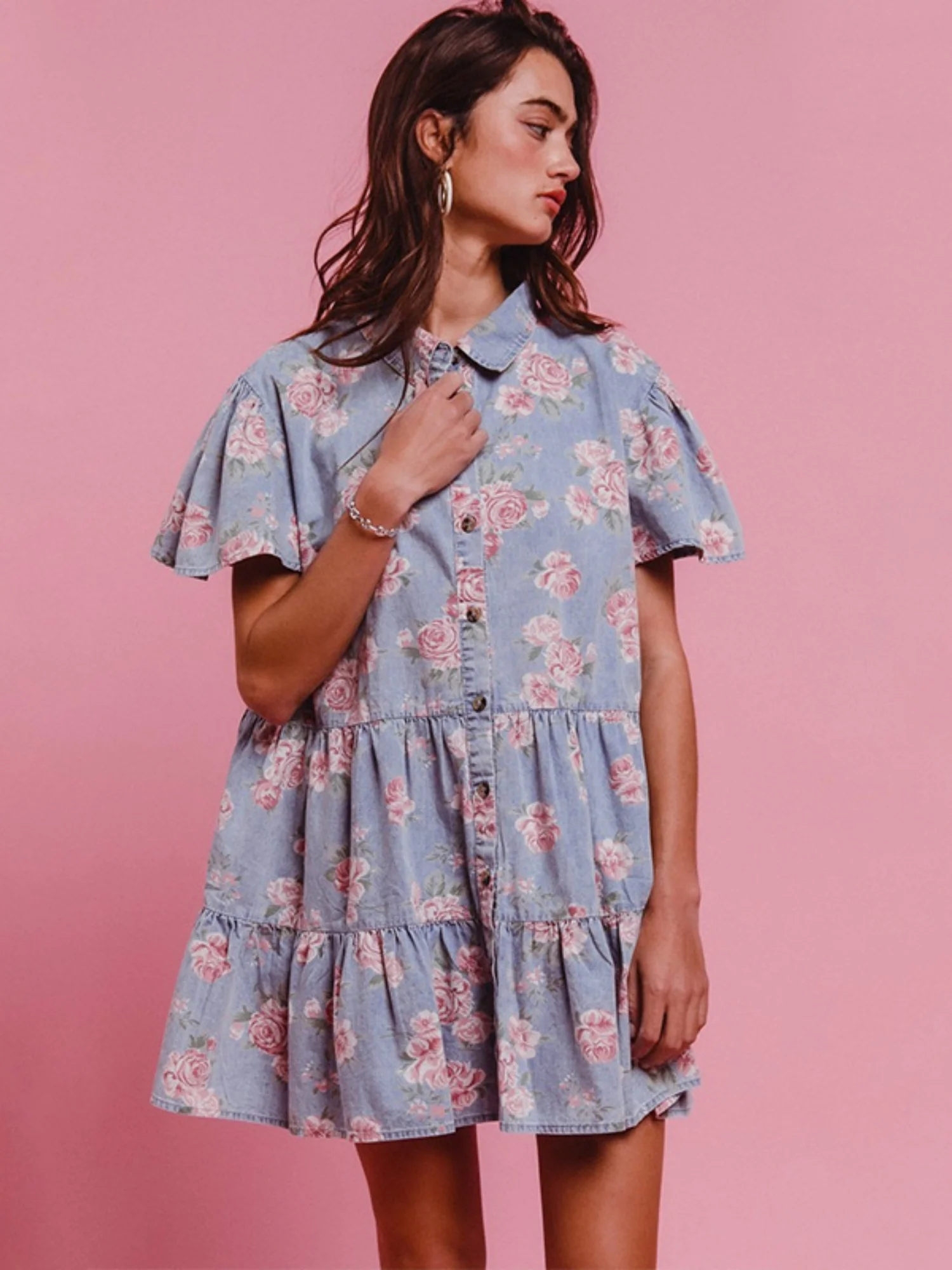 Denim Floral Print Collared Short-sleeved Shirt Buttons Shirt Dress - Image 6