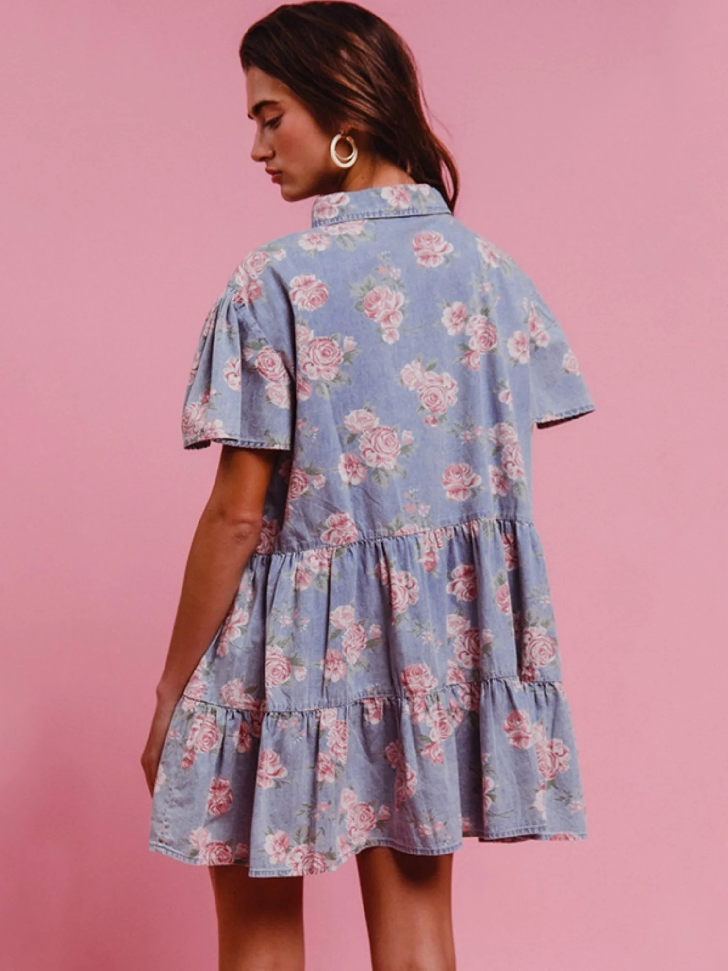 Denim Floral Print Collared Short-sleeved Shirt Buttons Shirt Dress - Image 7